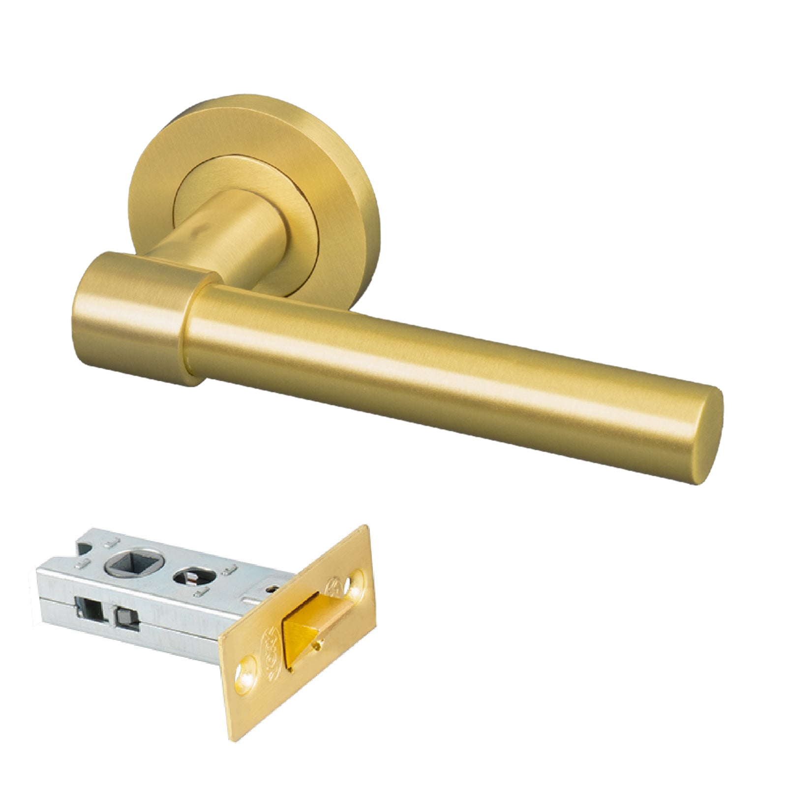 satin brass door handle on round rose 2.5 inch latch set