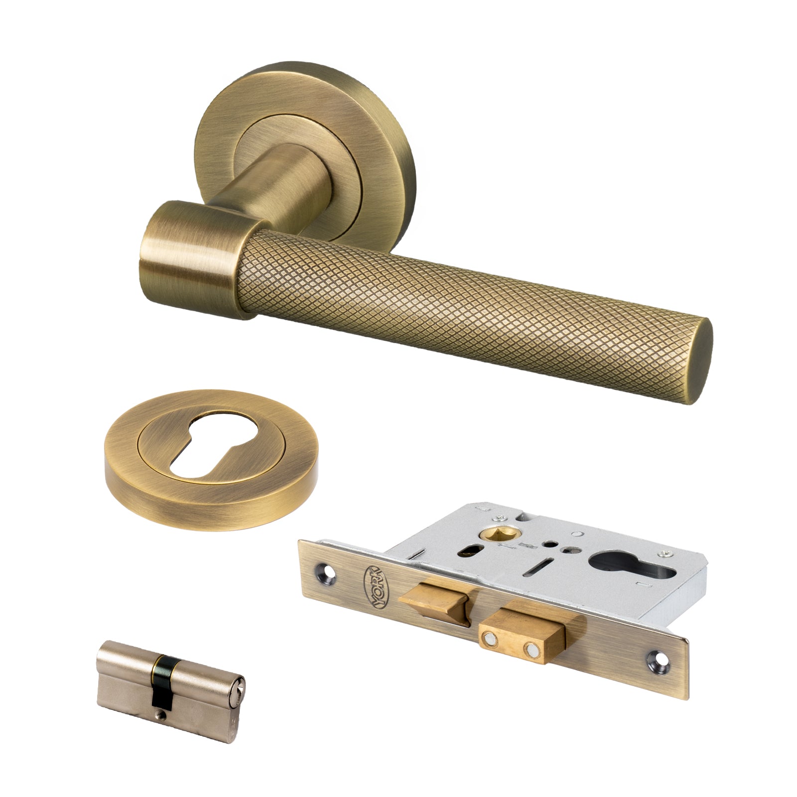 aged brass knurled lever on rose handles front door lock set