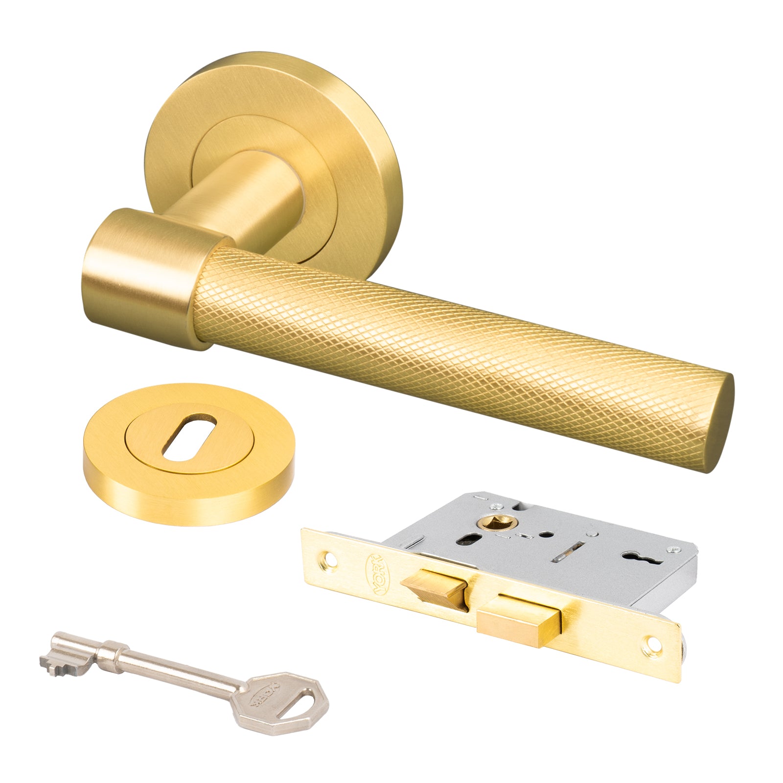 modern satin brass knurled lever on rose handles 3 lever lock set