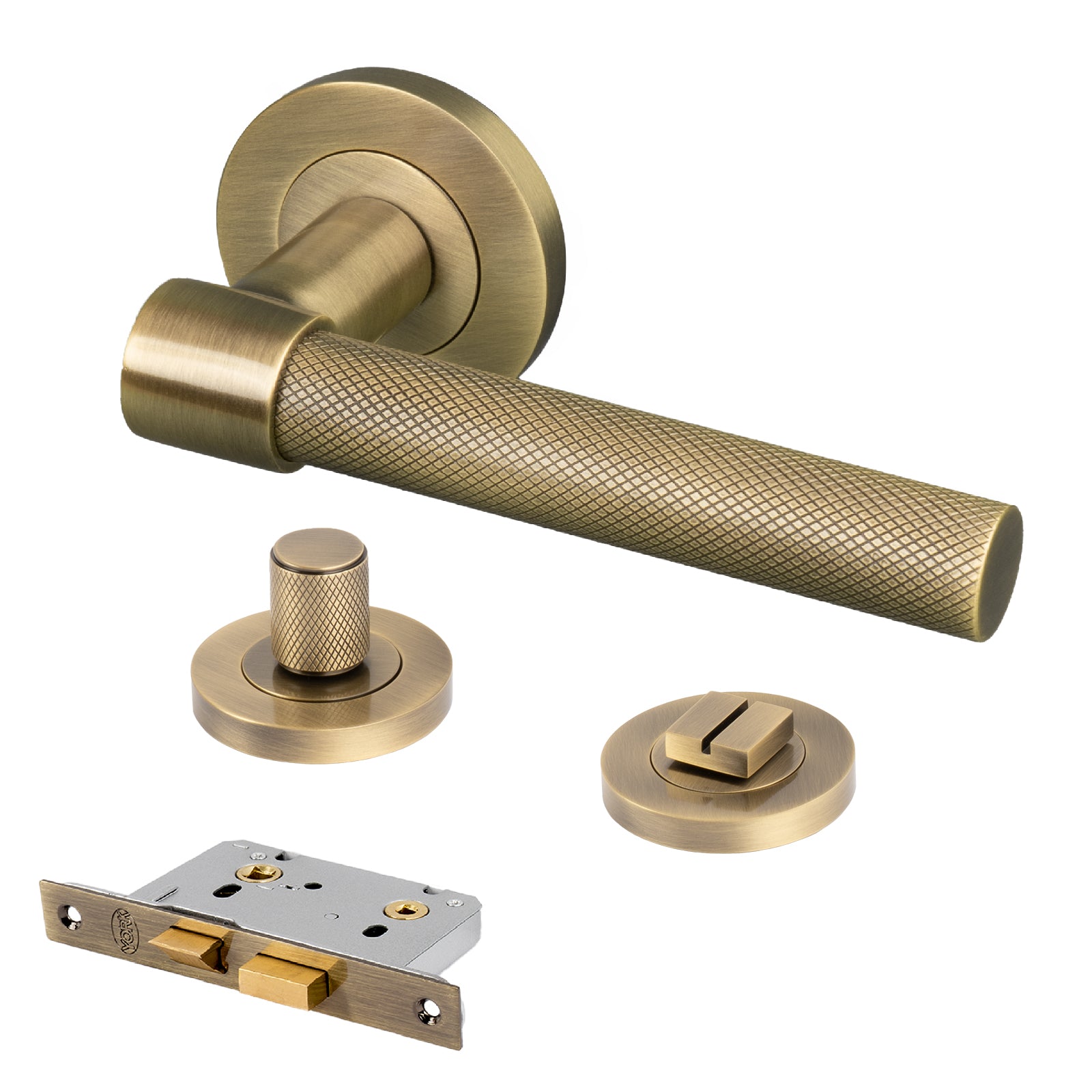 aged brass knurled lever on rose handles bathroom turn lock set