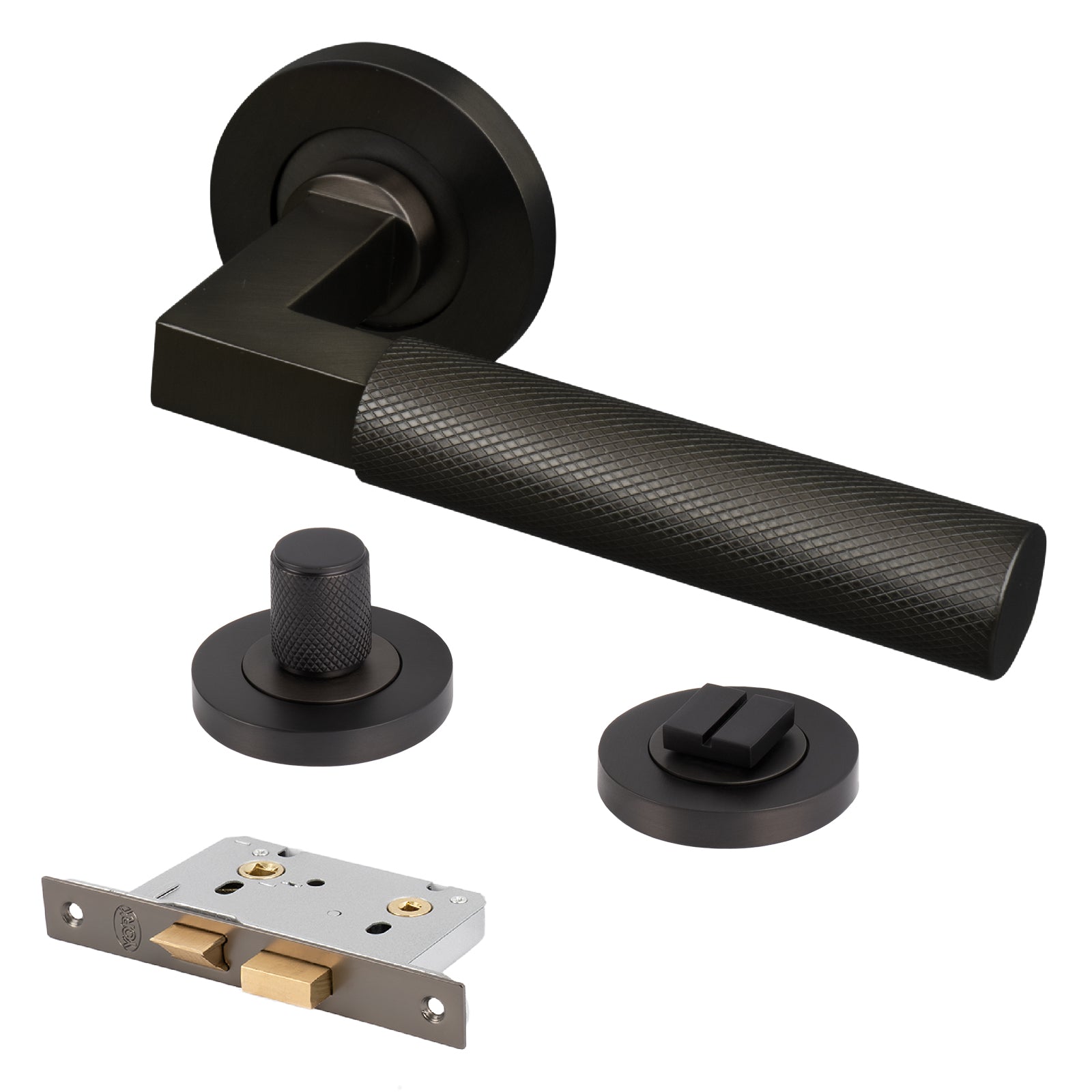 bronze knurled straight bar lever handle on rose bathroom latch lock set