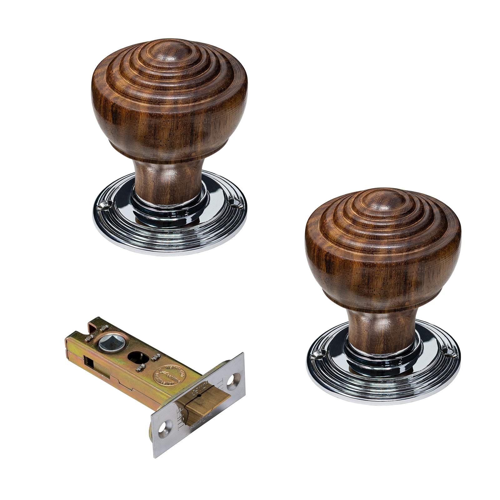 rosewood and chrome door knobs