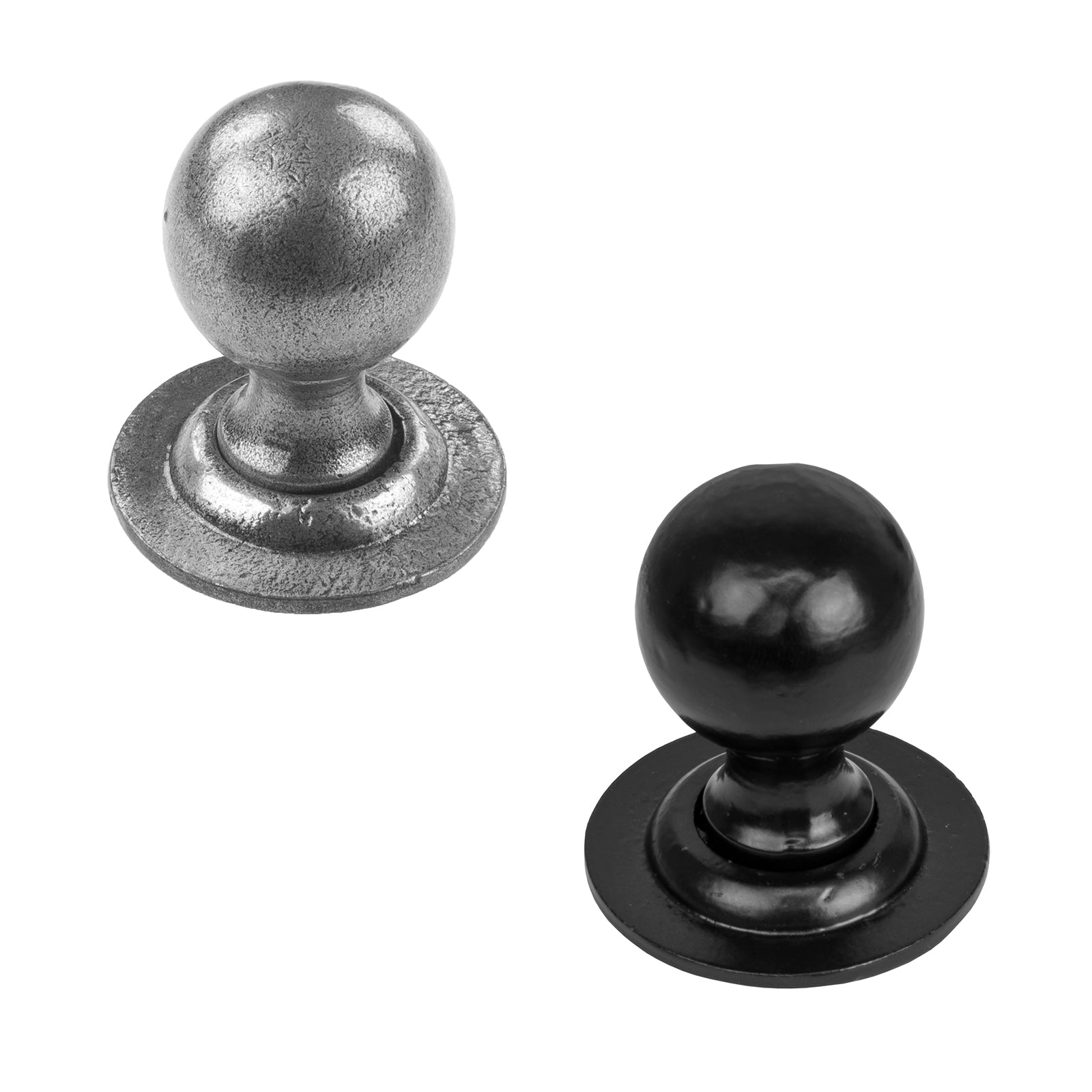 Round cast iron door knobs in black and pewter