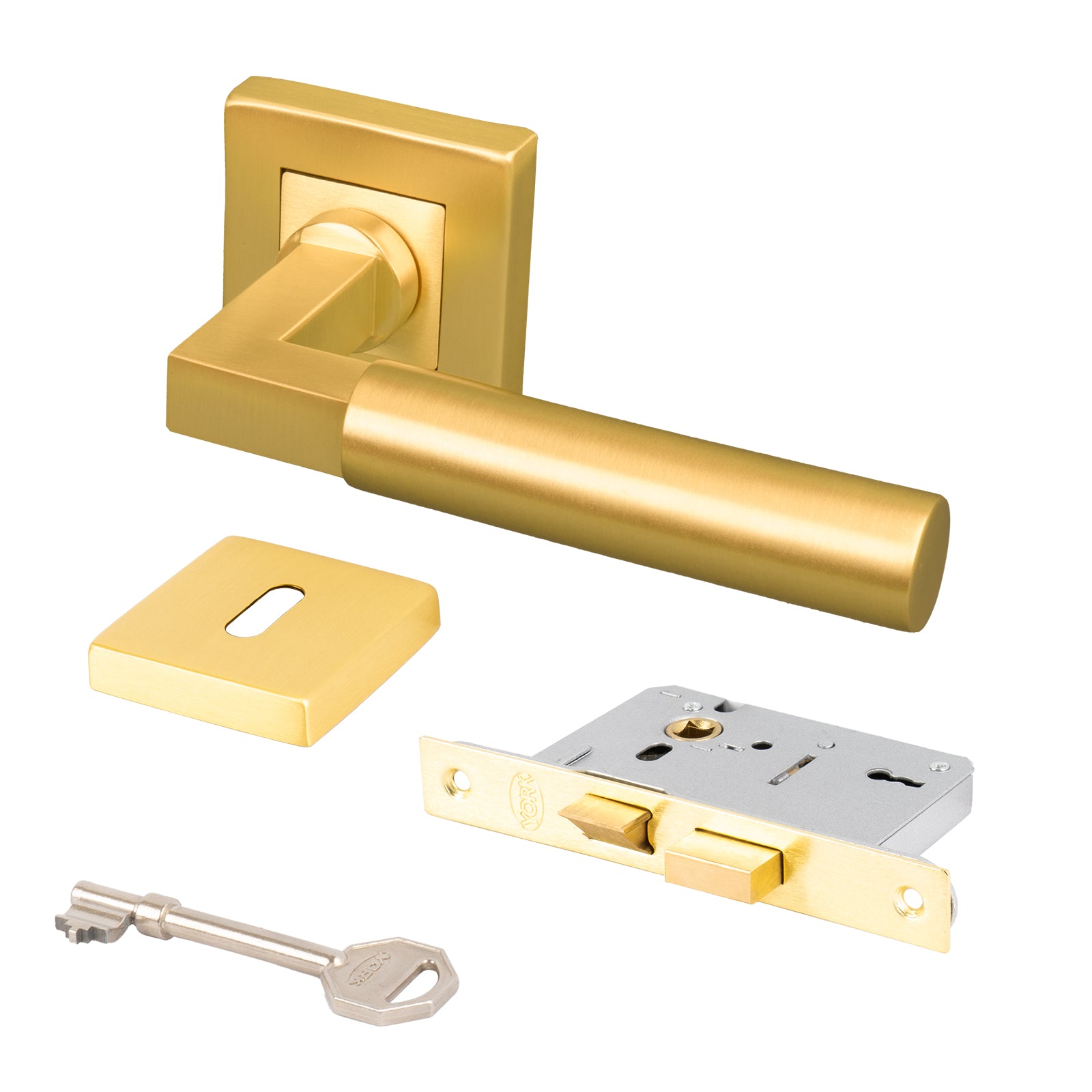 satin brass Bauhaus handles internal door lock set with keyhole cover