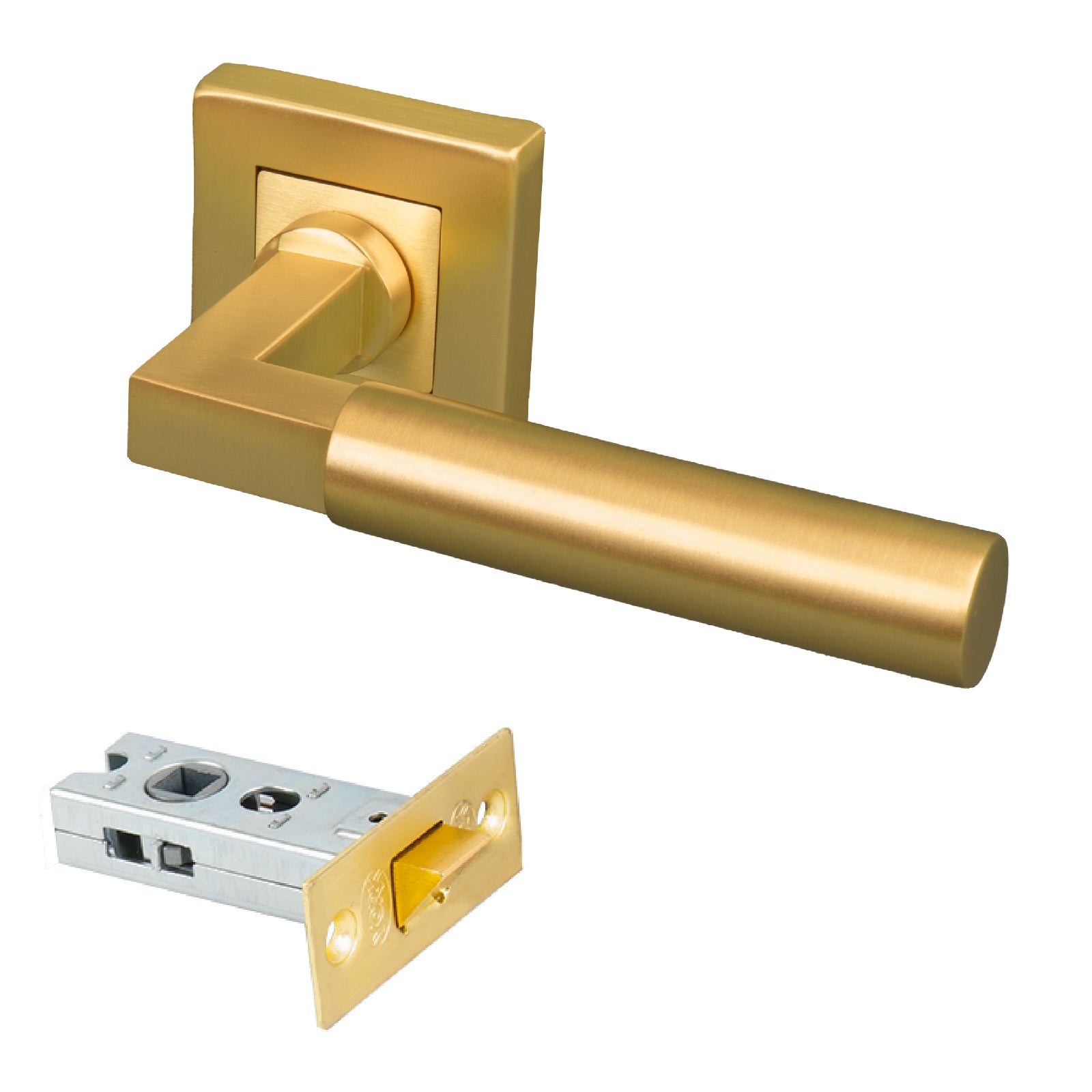 Satin Brass square rose door handles latch set, 2.5 inch latch and handles