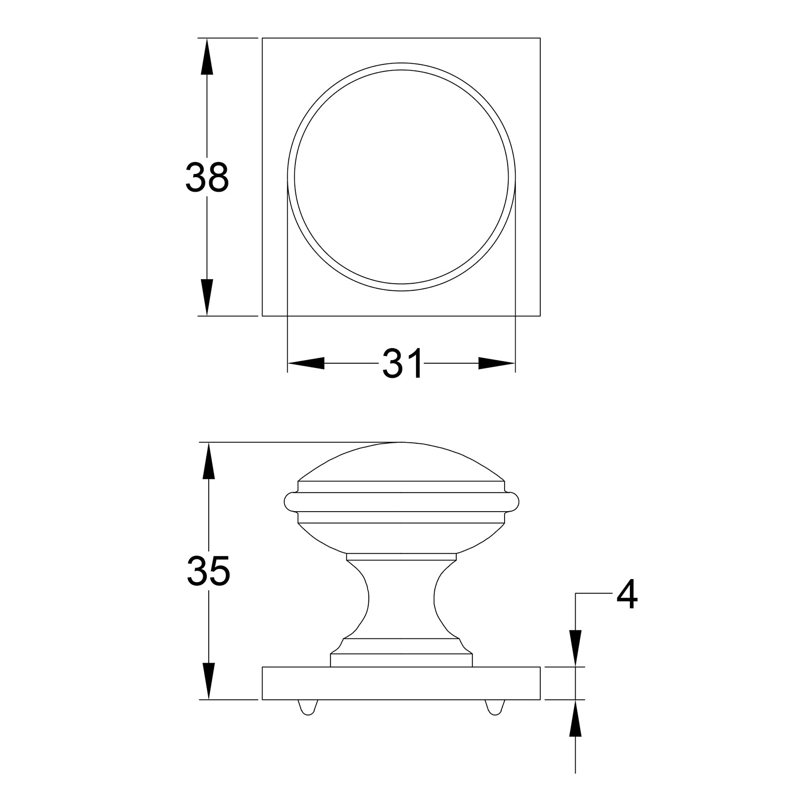 Domed Cabinet Knobs On Square Backplate dimension drawing SHOW