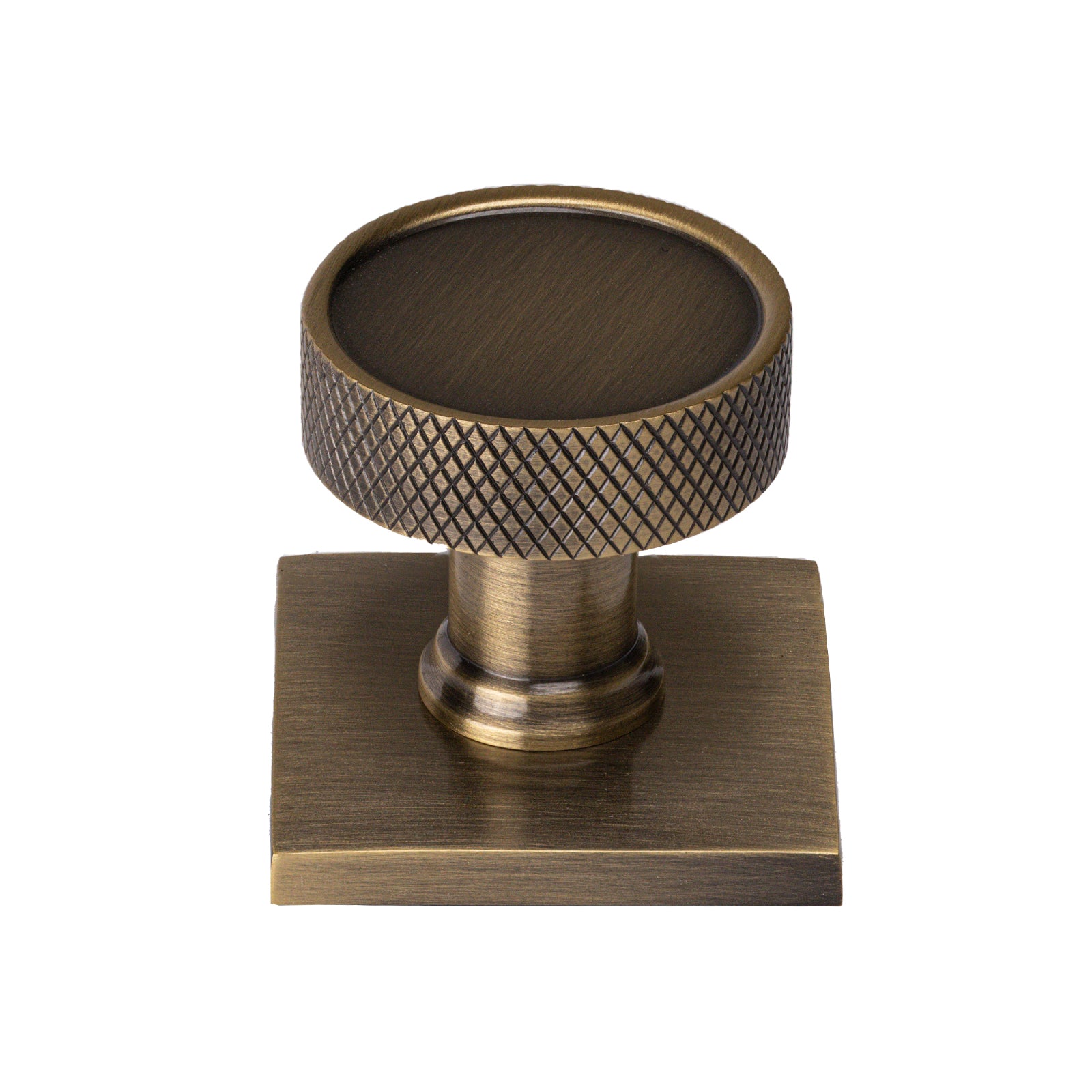 antique brass knurled cabinet knob on backplate