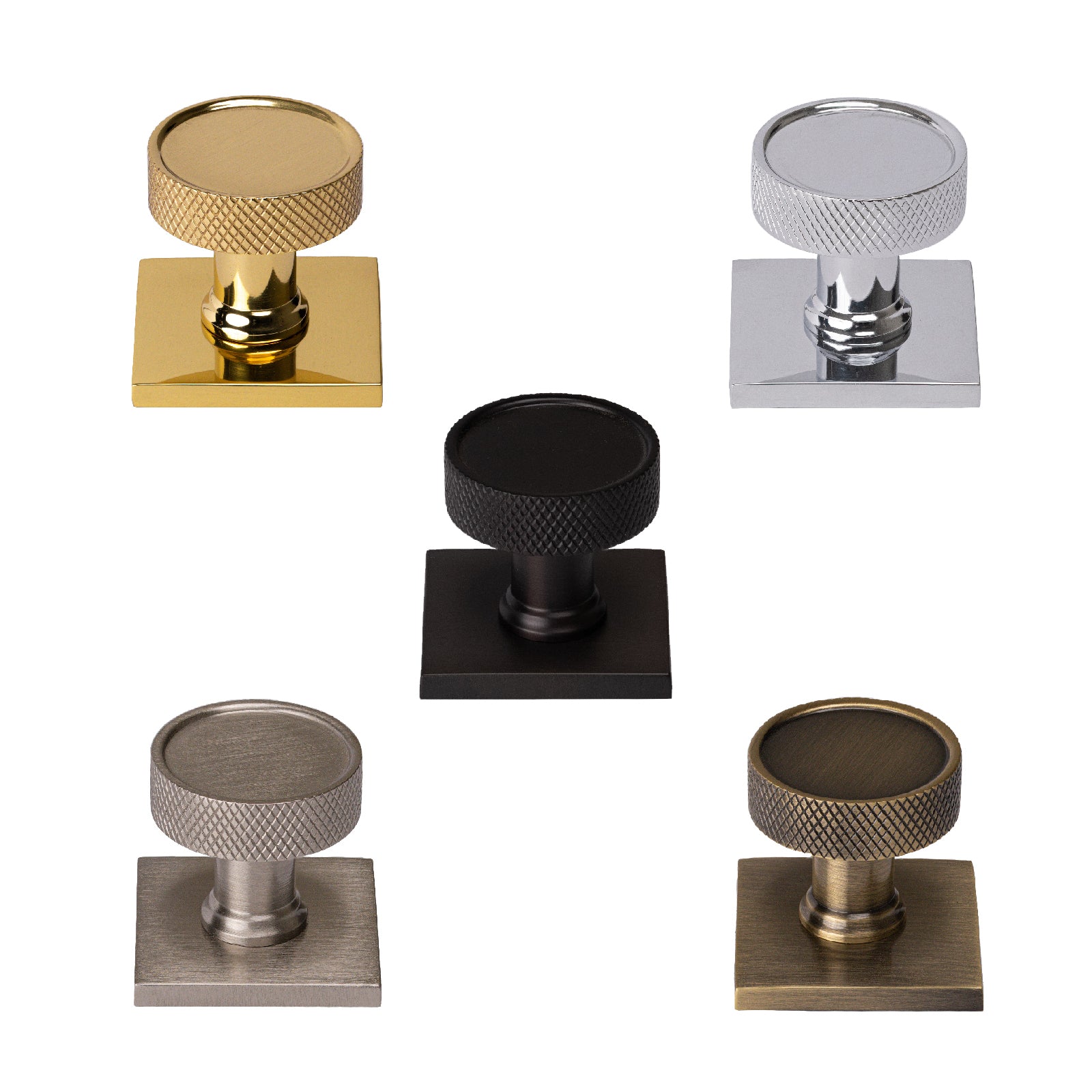 Florence knurled cabinet knobs on square backplate