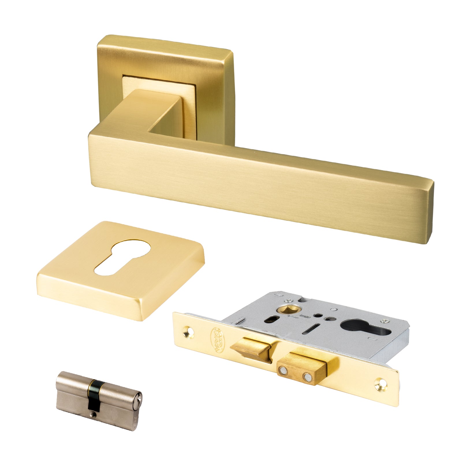 satin brass modern square rose door handle euro lock set
