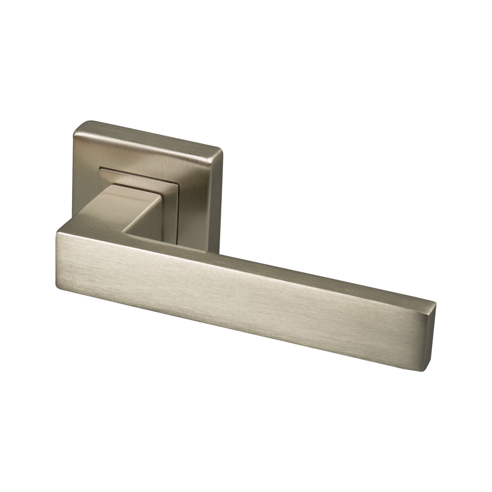 satin nickel square rose door handle, concealed fixings SHOW
