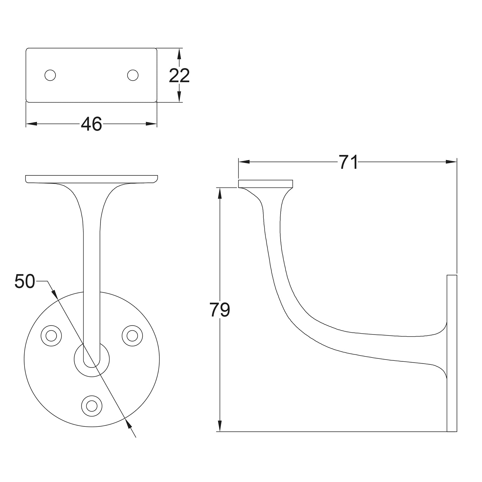 Satin Chrome Handrail Bracket Dimension Drawing SHOW