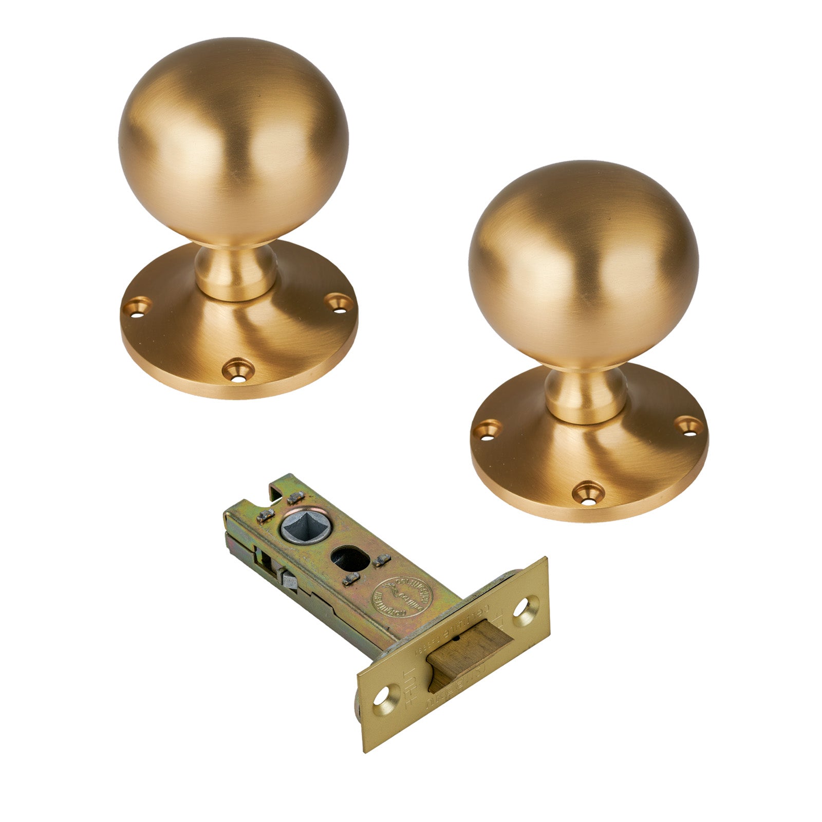 Westminster Door Knob on Rose with Satin Brass 3 inch latch set