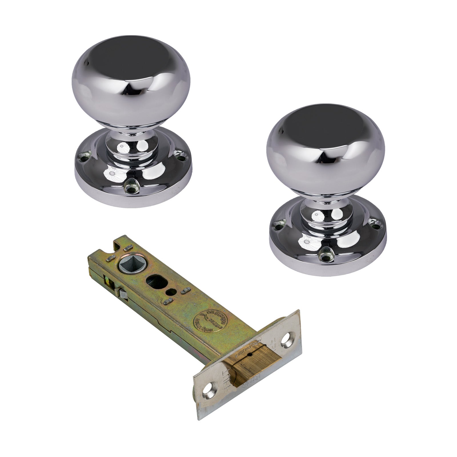 Victoria Door Knob on Rose with Polished Chrome 4 inch latch set