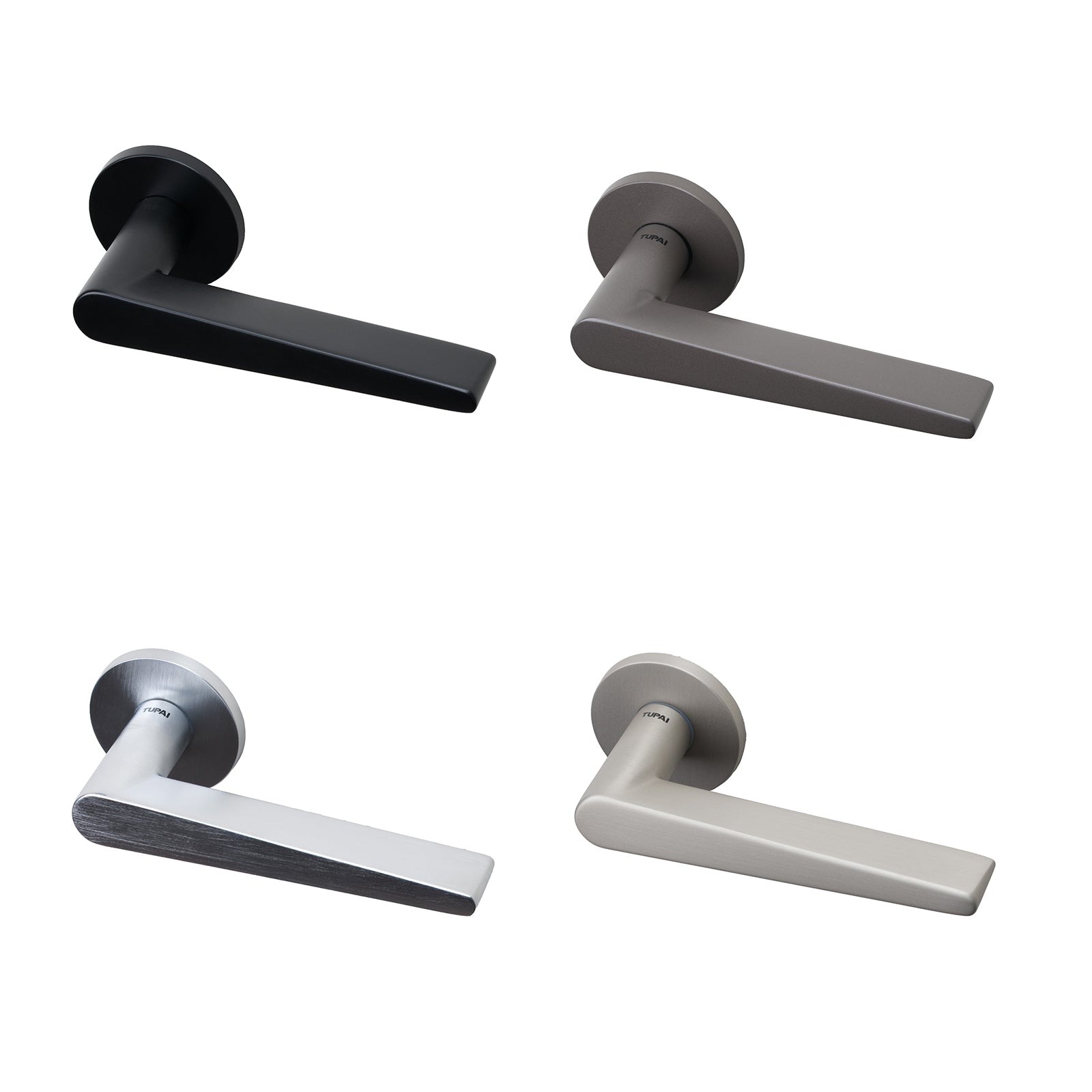 Tupai Pico lever on rose door handles in four distinct finishes with 6mm thick round rose plate.