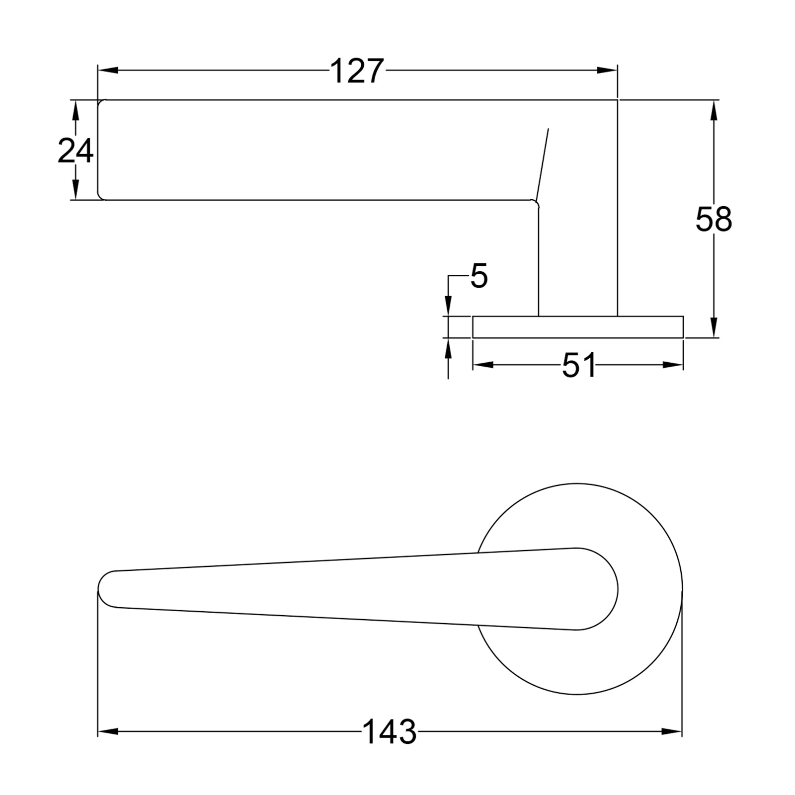 Simple Dimension Drawing of Tupai Pico Lever on Round Rose Door Handles SHOW