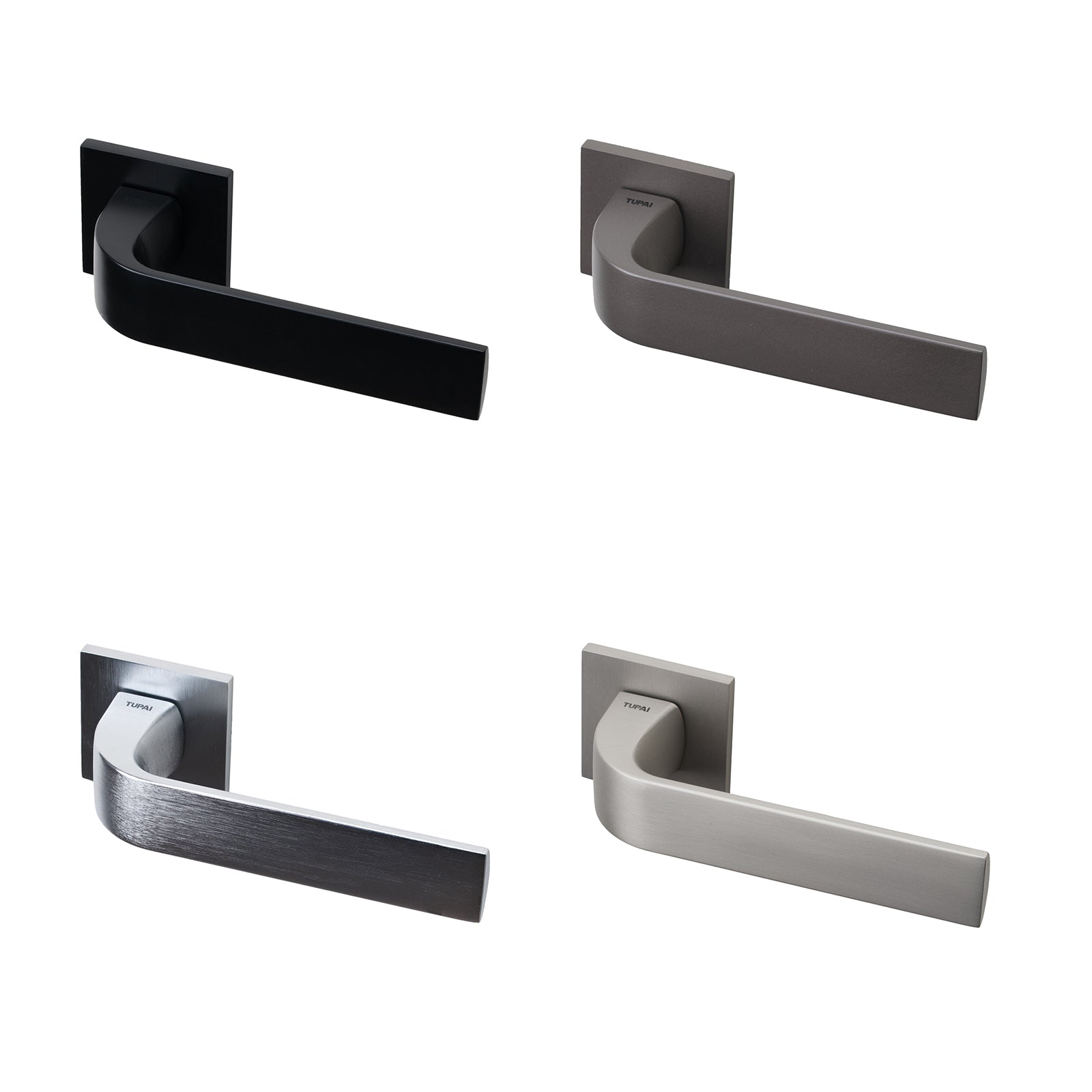 Tupai Ruivo lever on rose door handles in four distinct finishes with 6mm thick square rose plate.
