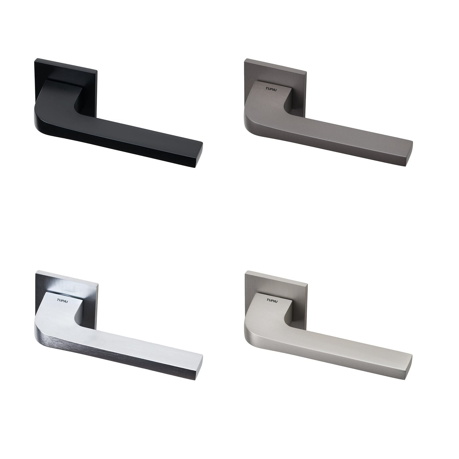 Tupai Santinha lever on rose door handles in four distinct finishes with 6mm thick square rose plate.