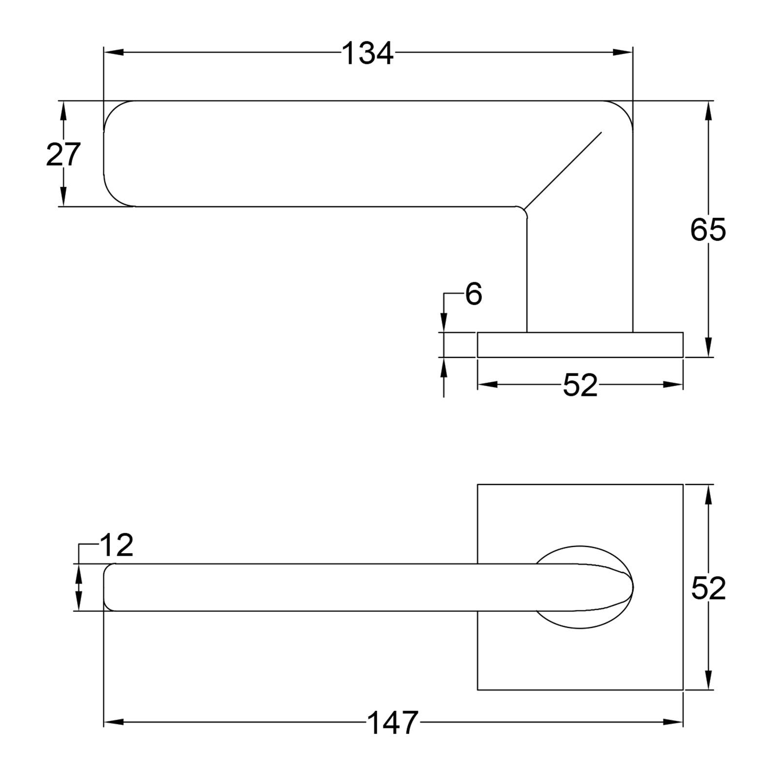 Simple Dimension Drawing of Nevosa Lever on Square Rose Door Handles SHOW