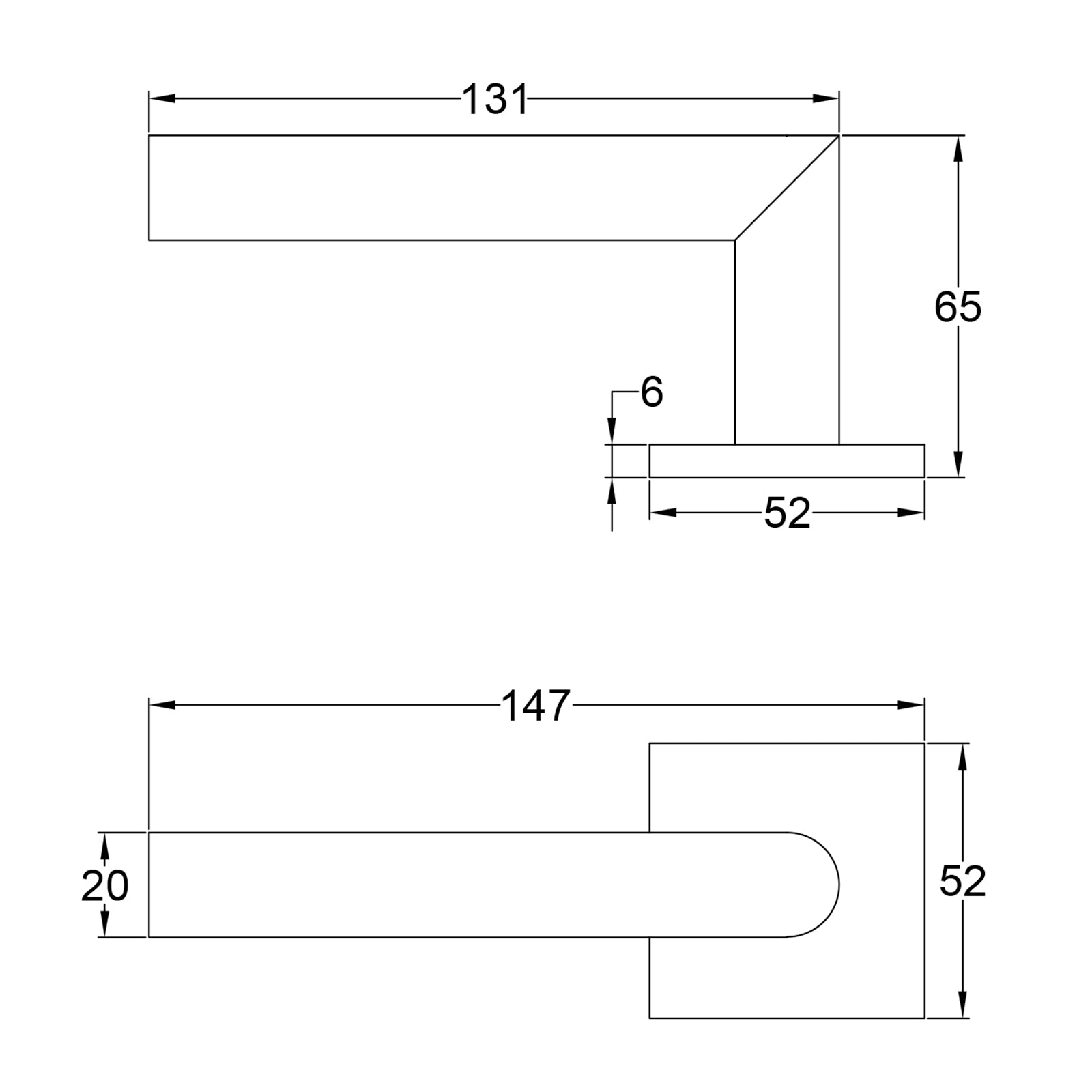 Simple Dimension Drawing of Larouco Waterfall Lever on Rose Door Handles SHOW