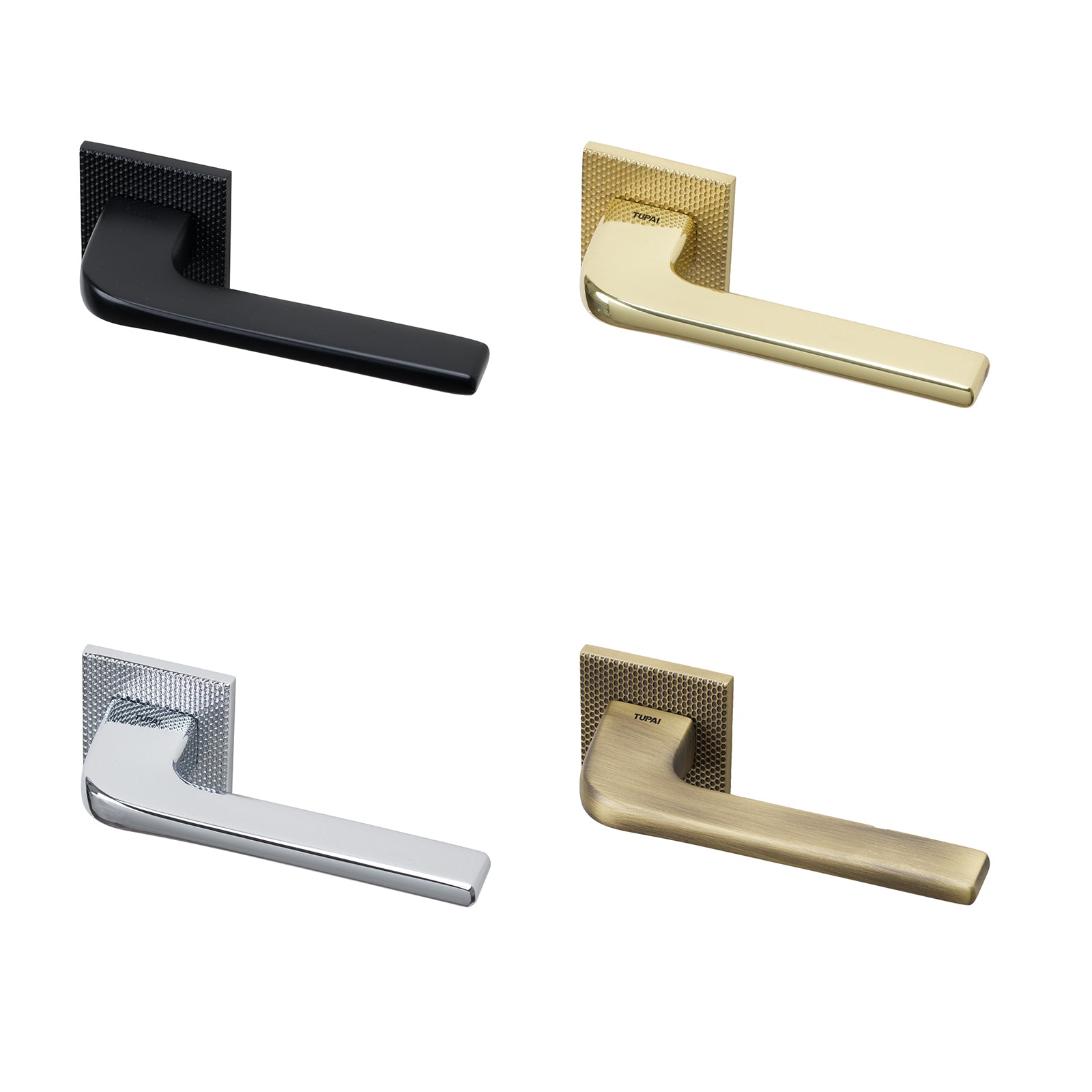 Tupai Perdrada Waterfall texture lever on rose door handles in four distinct finishes with 6mm thick round rose.