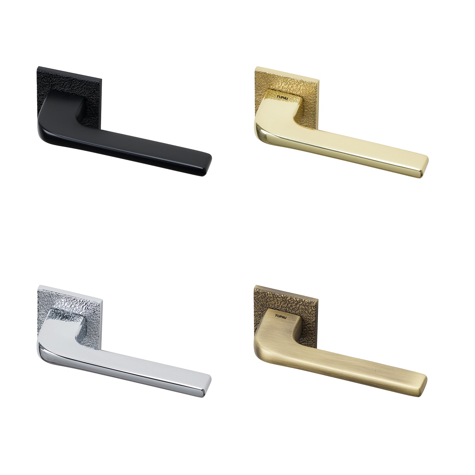 Tupai Perdrada Leather texture lever on rose door handles in four distinct finishes with 6mm thick round rose