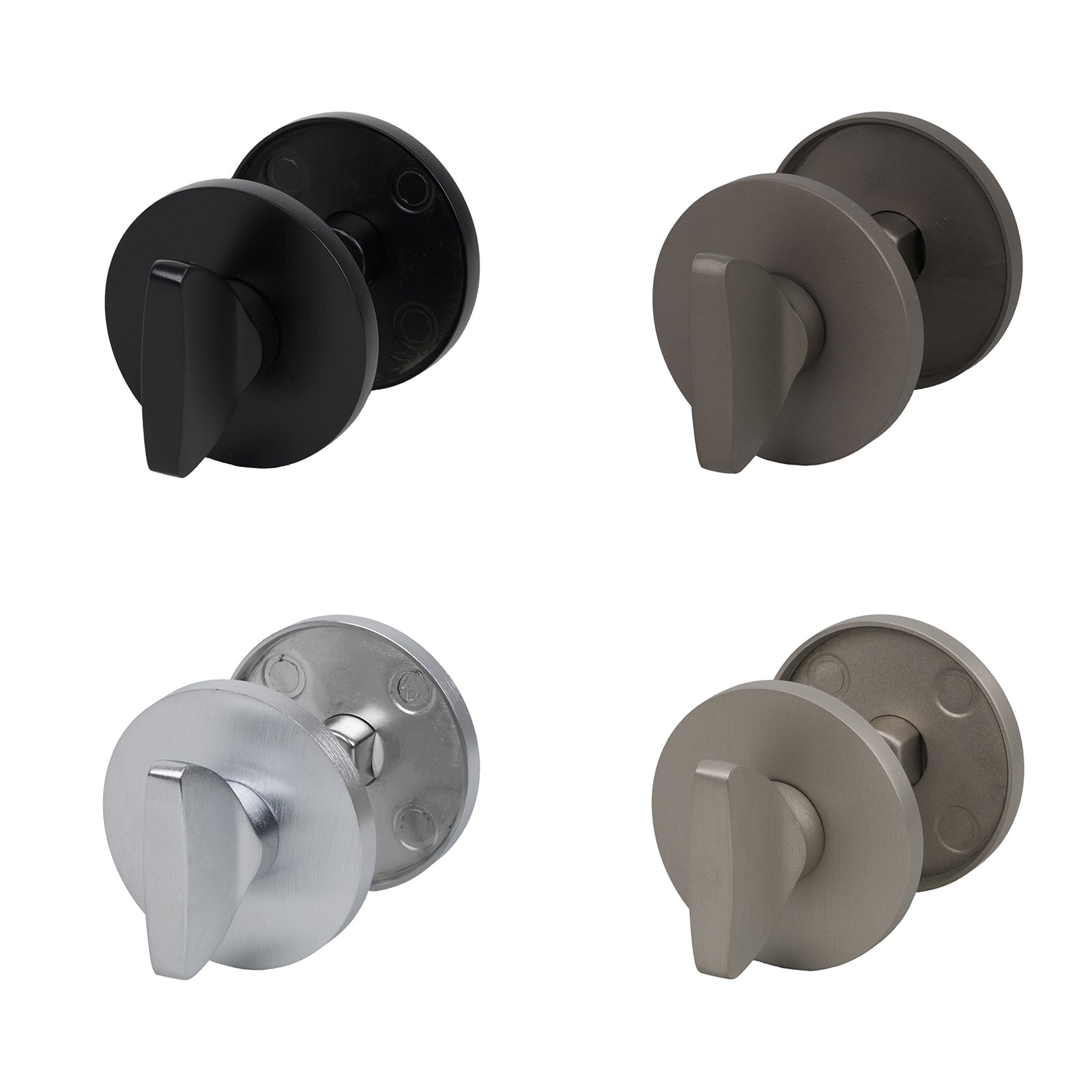 Tupai round rose bathroom turn and release, in four finishes, Nickel Pearl, Black Pearl, Satin Chrome, and Titan.