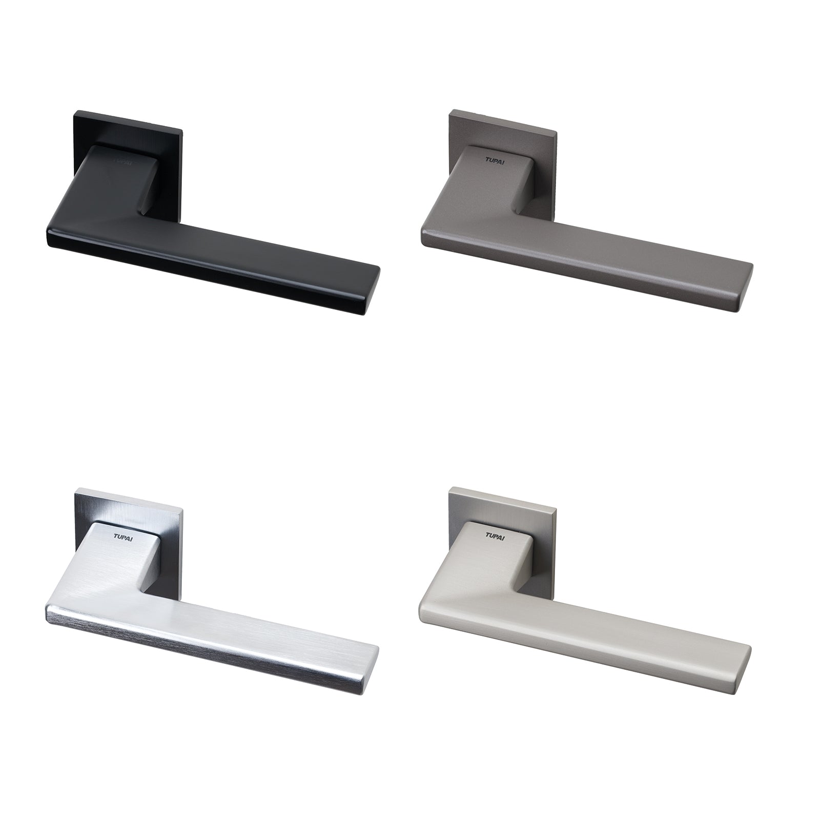 Tupai Rocha lever on rose door handles in four distinct finishes with 6mm thick square rose plate.