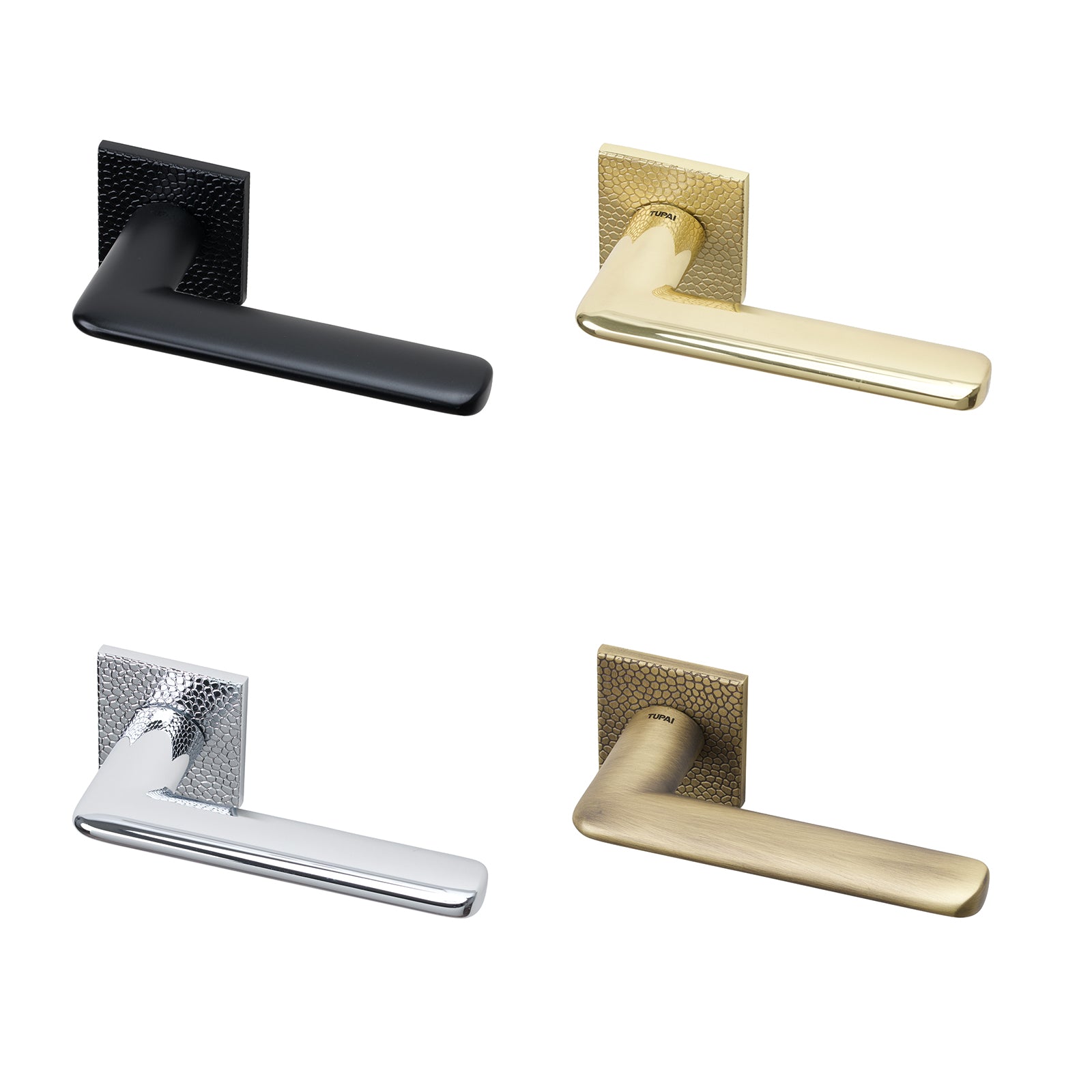 Tupai Edral lever on rose door handle with Pebbles texture design, in four finishes, Bright Chrome, Black Pearl, Matt Antique Brass, and Polished/Satin Brass.