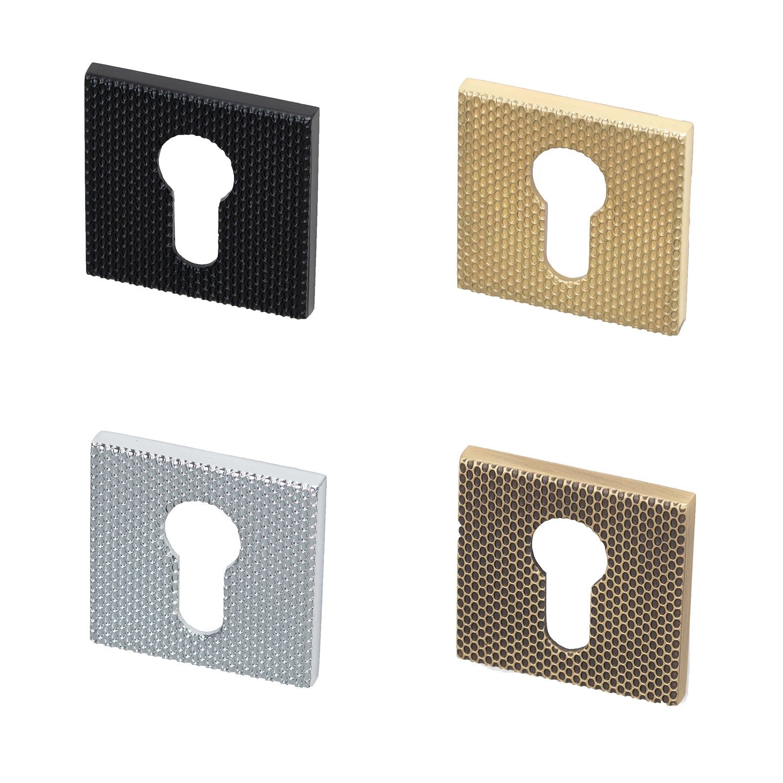 Tupai Euro Profile escutcheons with organic Waterfall effect in four distinct finishes with 6mm thick square rose plate with Waterfall effect on rose.