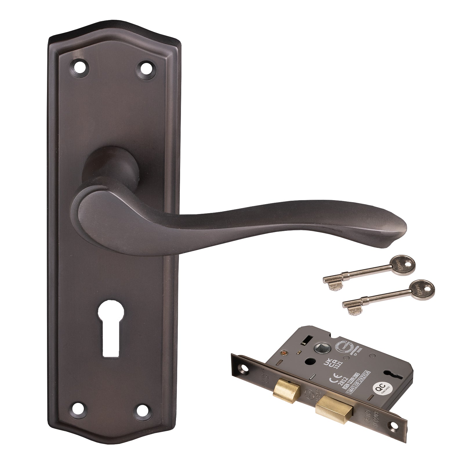 bronze door handle on backplate with 3 lever sash lock set