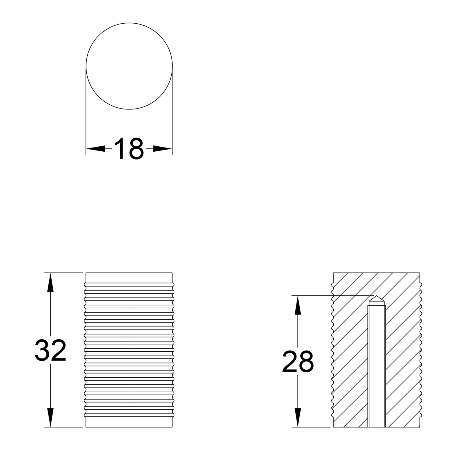 Dimension drawing for cylinder ribbed cabinet knobs SHOW