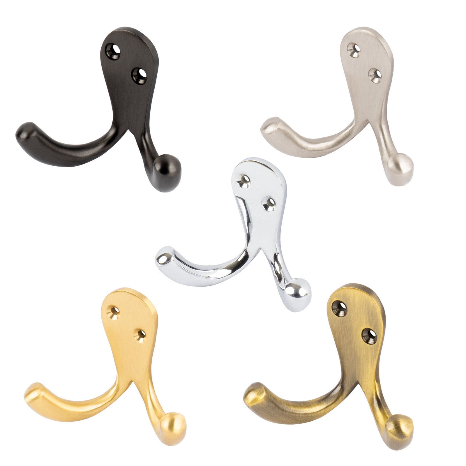 double robe hooks, solid brass in five finishes SHOW