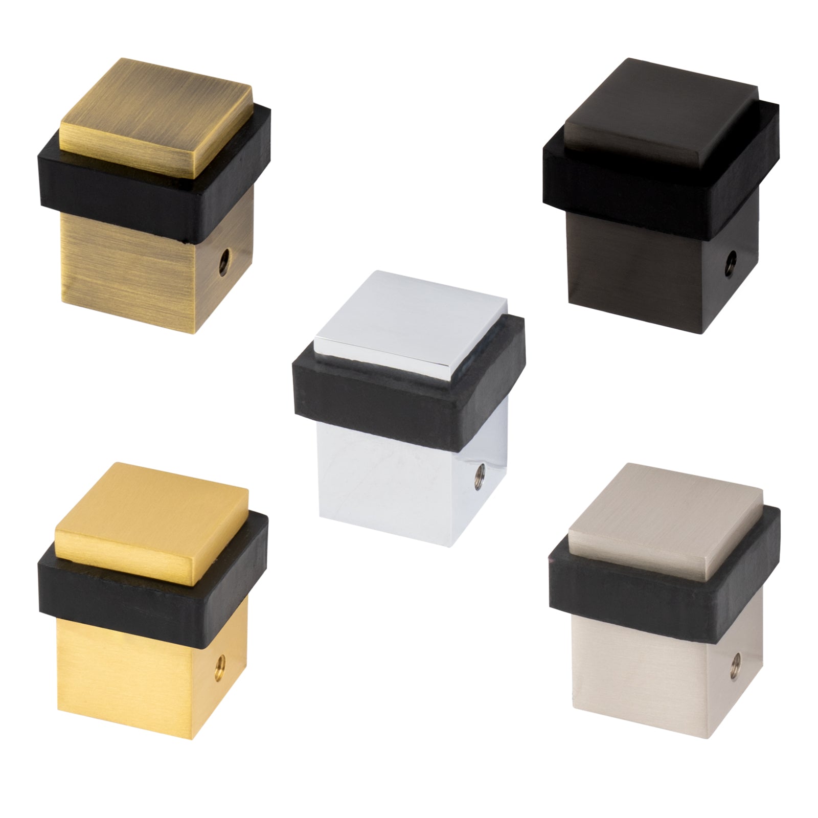 Square floor mounted door stops, solid brass in five finishes SHOW