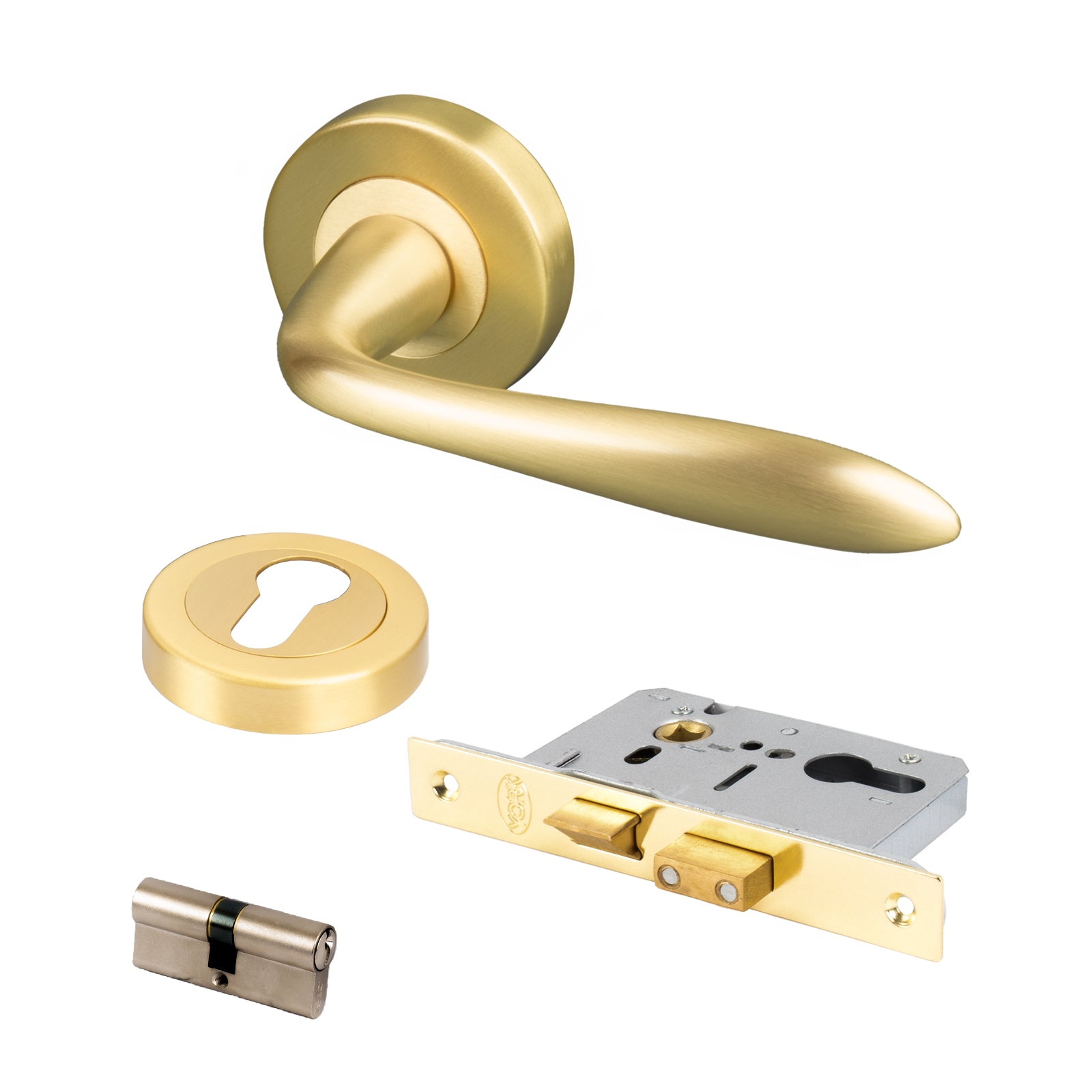 satin brass round rose handles euro lock set for front doors