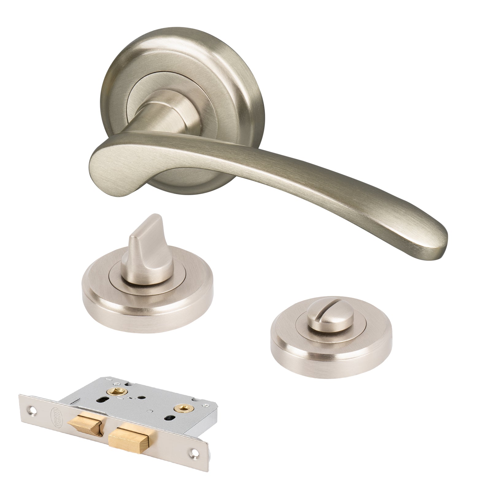 satin nickel curved lever on rose door handles bathroom lock latch set