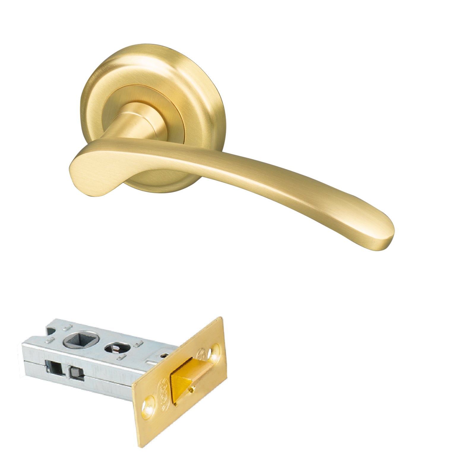 satin brass curved lever on rose door handle 2.5 latch set