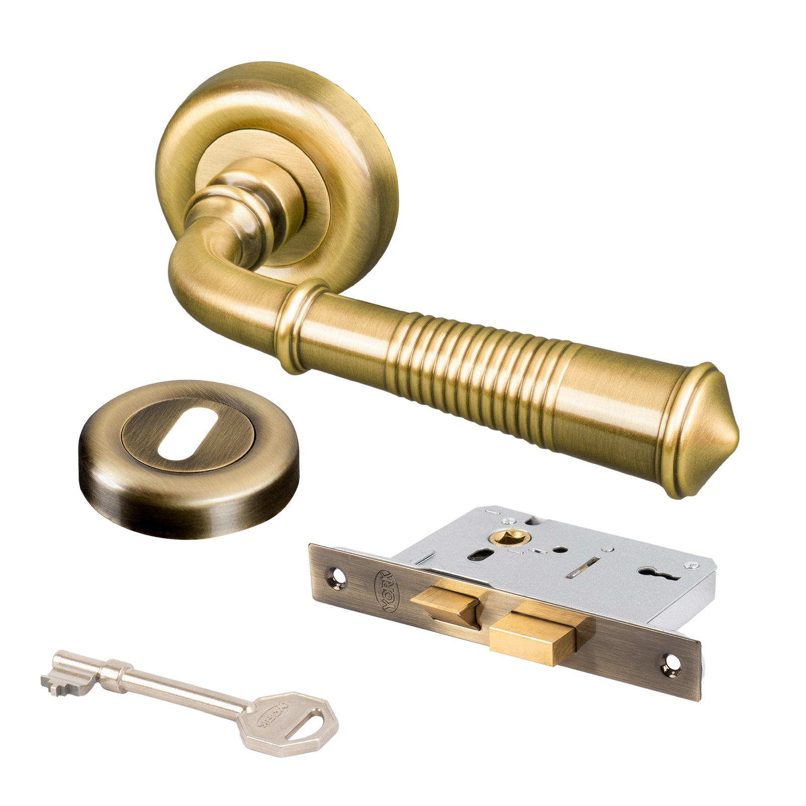 aged brass reeded lever on rose door handle 3 lever lock set