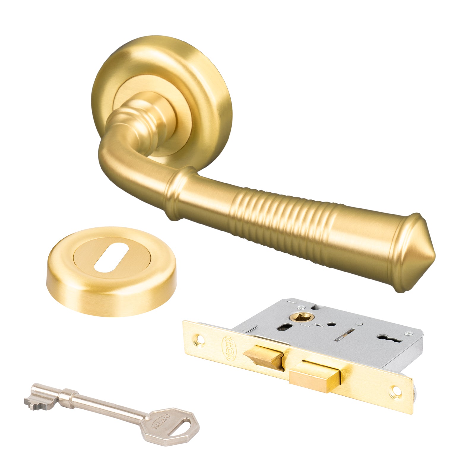 satin brass reeded lever on rose handles internal door lock set
