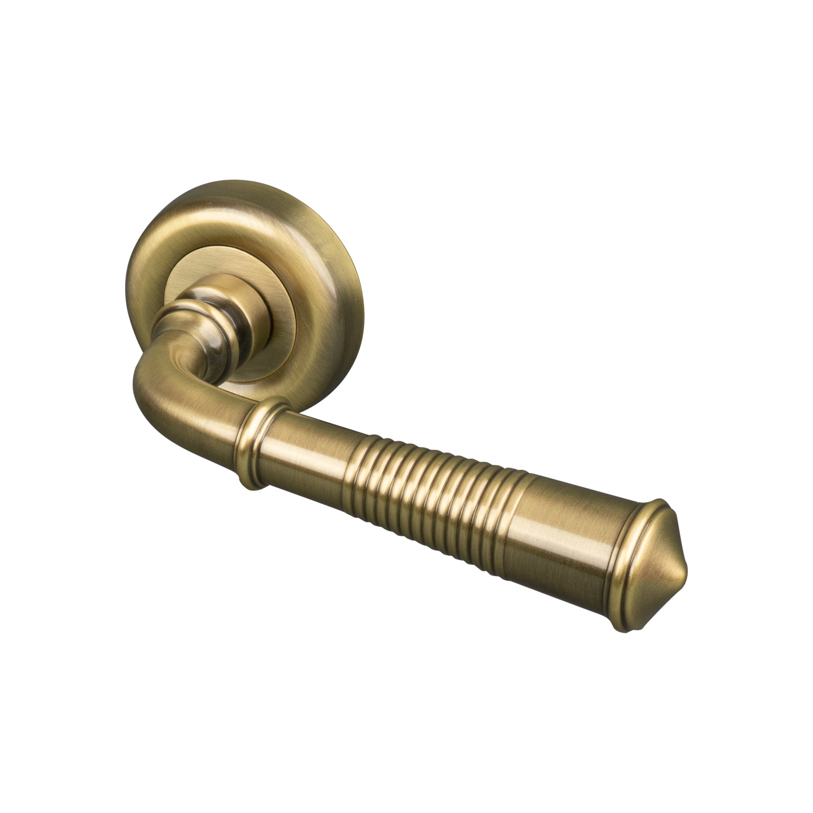 aged brass reeded lever on rose door handle SHOW