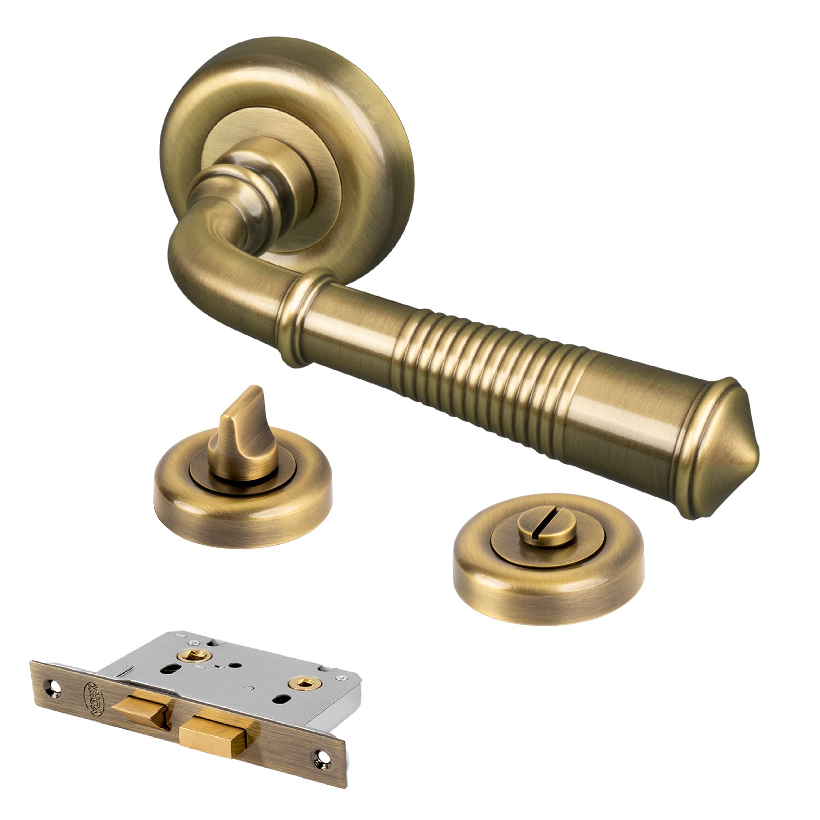 aged brass reeded lever on rose handle bathroom set