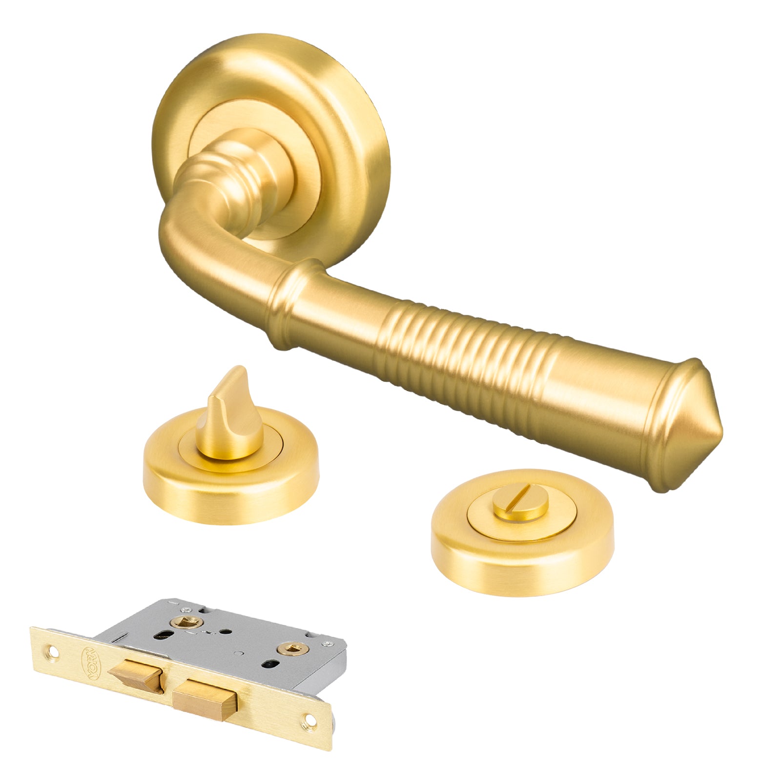 satin brass reeded lever on rose bathroom door lock 