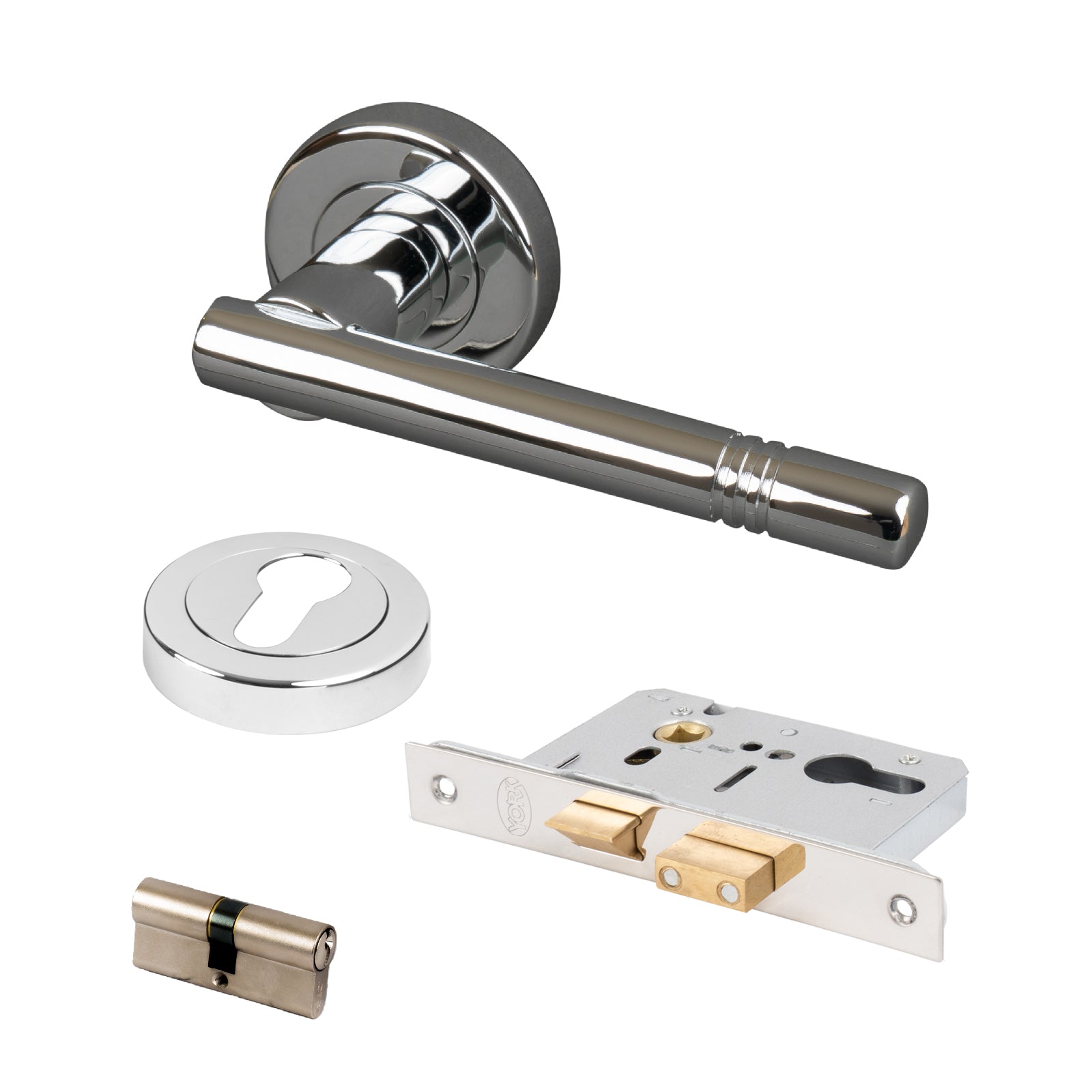 polished chrome door handle on rose with euro profile cylinder lock