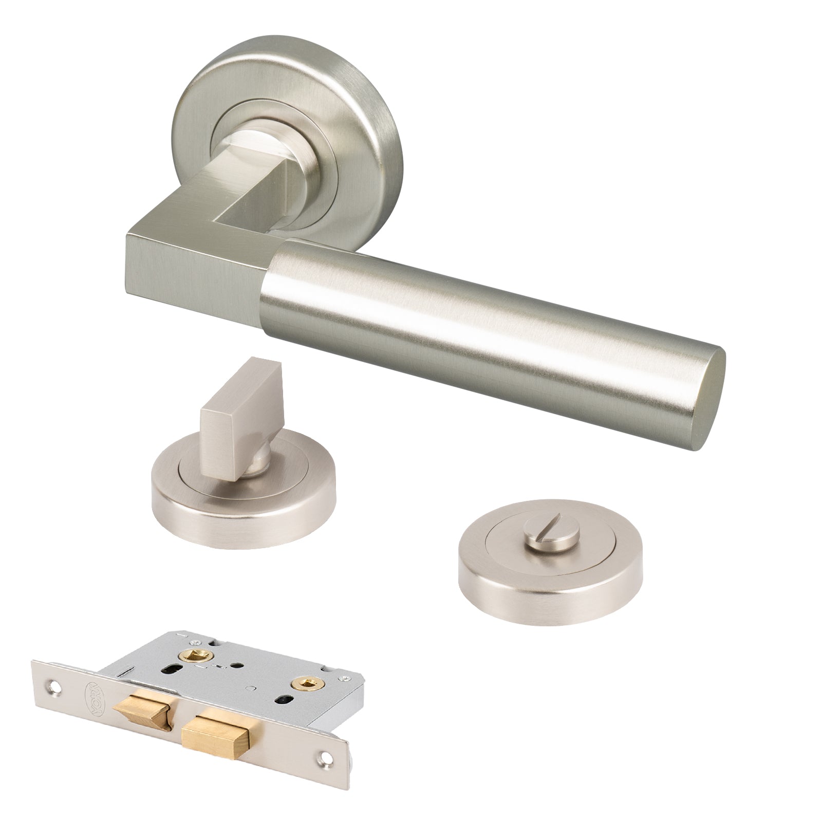 satin nickel lever on rose bathroom turn and release lock set