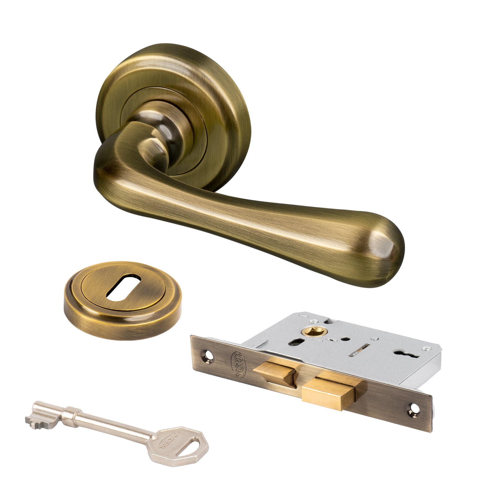 aged brass Charlbury handles 3 lever lock set