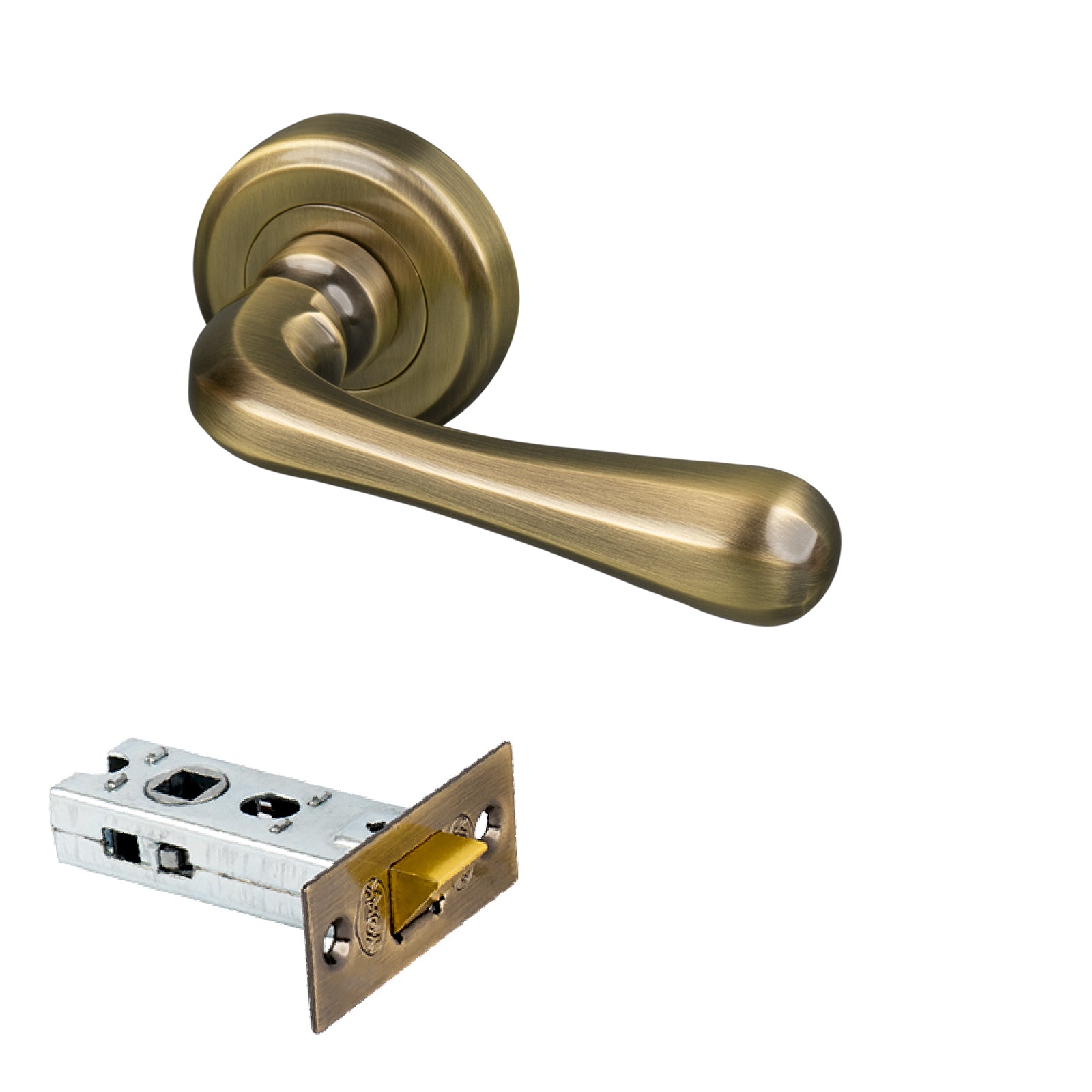 aged brass traditional lever on rose 2.5 inch latch handle set