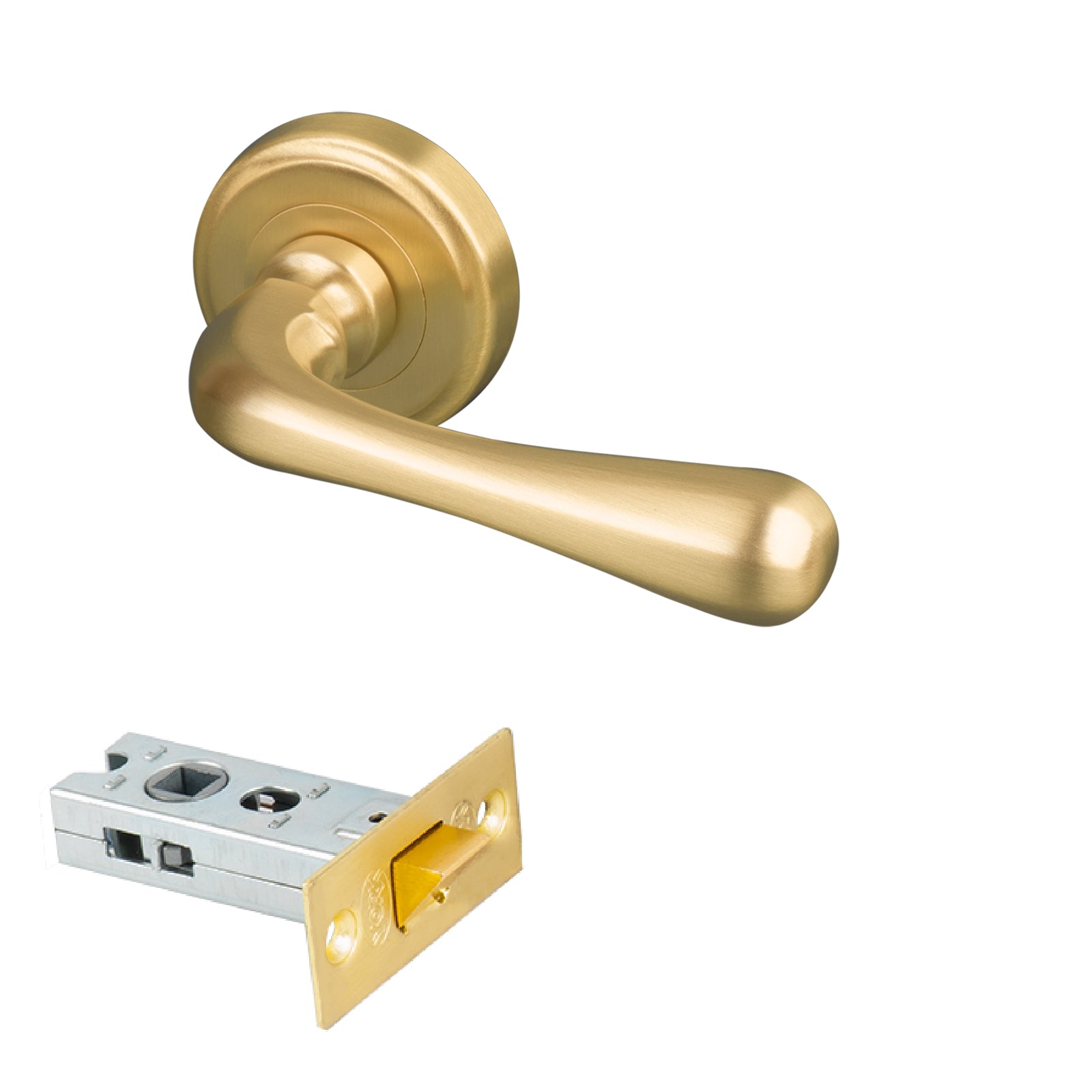 satin brass traditional lever on rose 2.5 inch door latch handle set