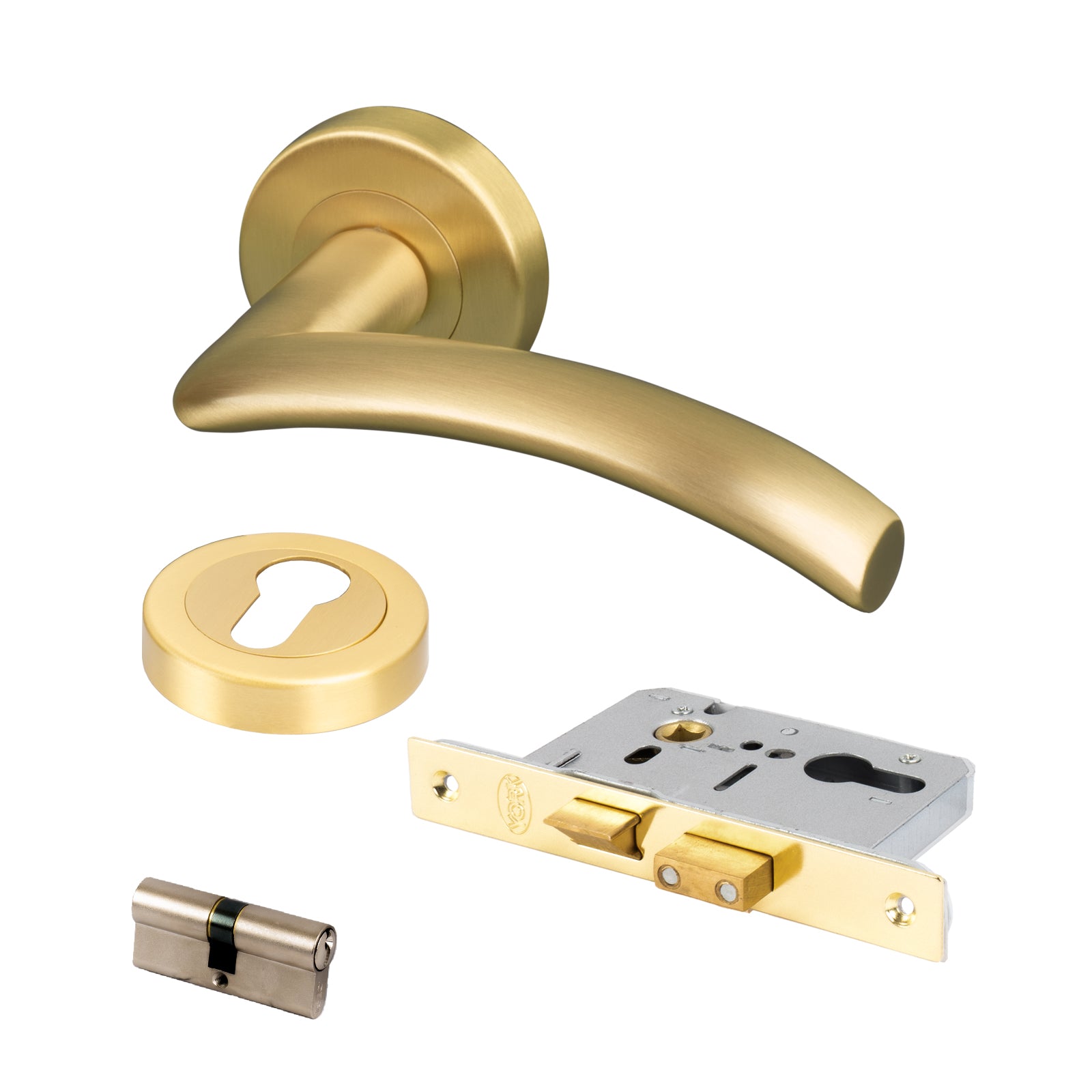 satin brass round rose door handles Euro cylinder profile lock set