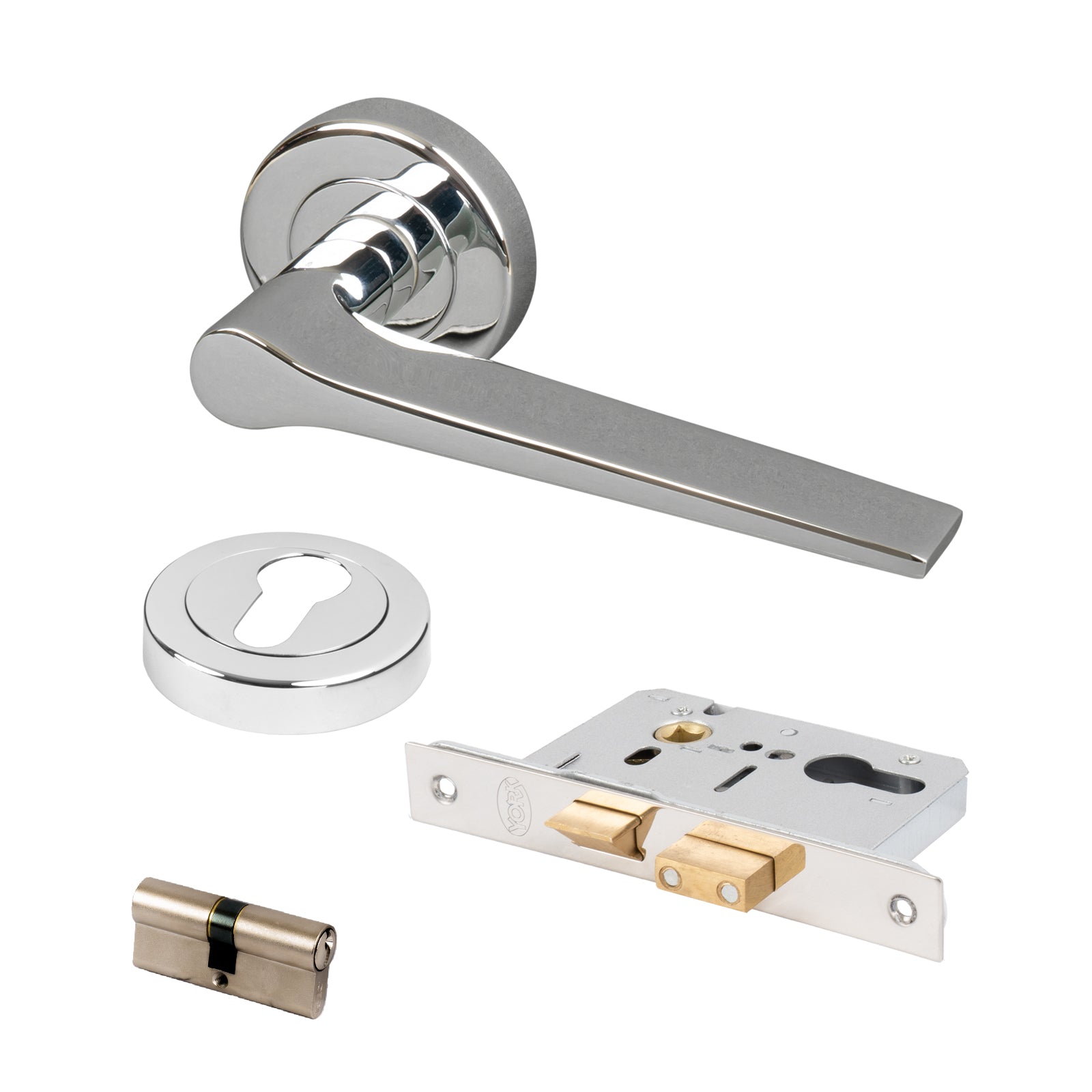 chrome Gio round rose door handles Euro profile cylinder lock set