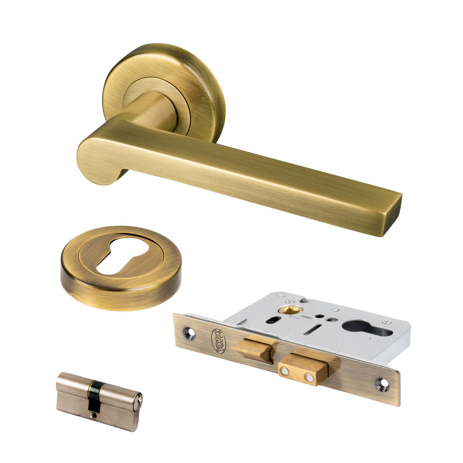 aged brass Lugano round rose door handles Euro profile lock set