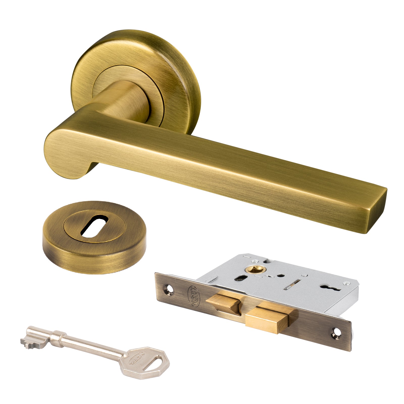 aged brass Lugano round rose door handles 3 lever lock set and escutcheon